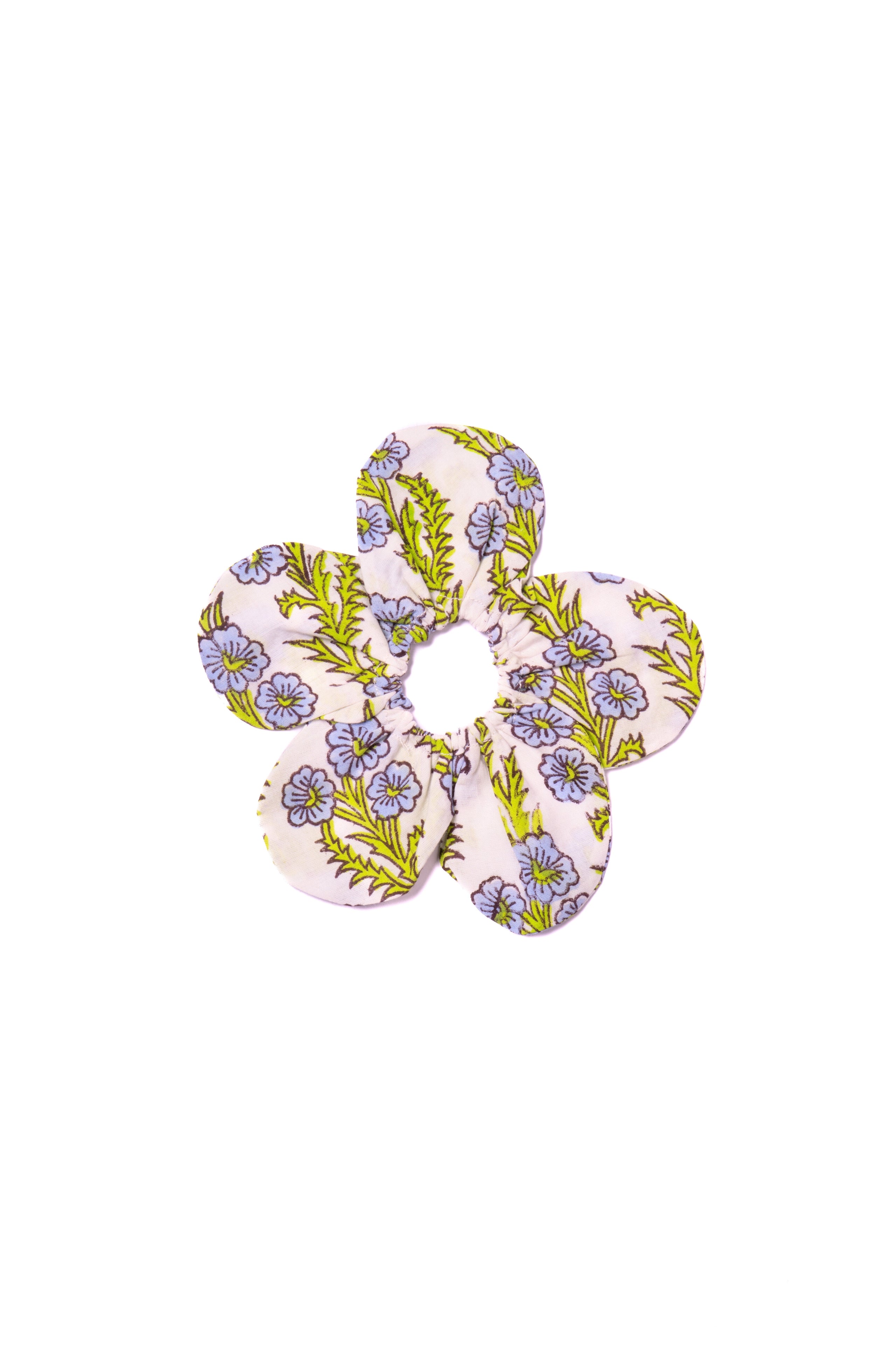 Marais Block Print Flower Scrunchie in Blue with bold floral pattern from Inner Child