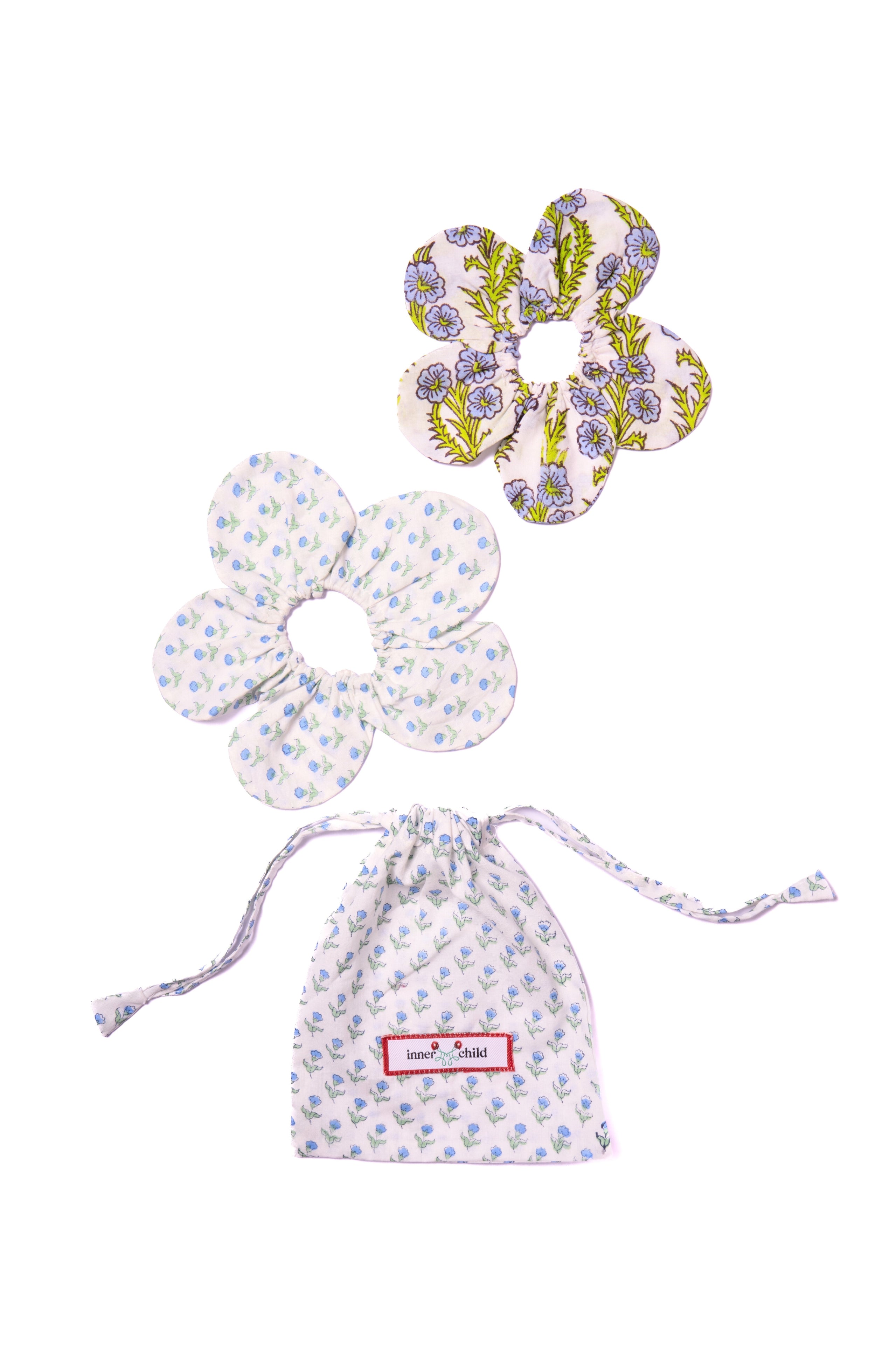 Marais Block Print Flower Scrunchie Set in Blue with matching drawstring bag from Inner Child