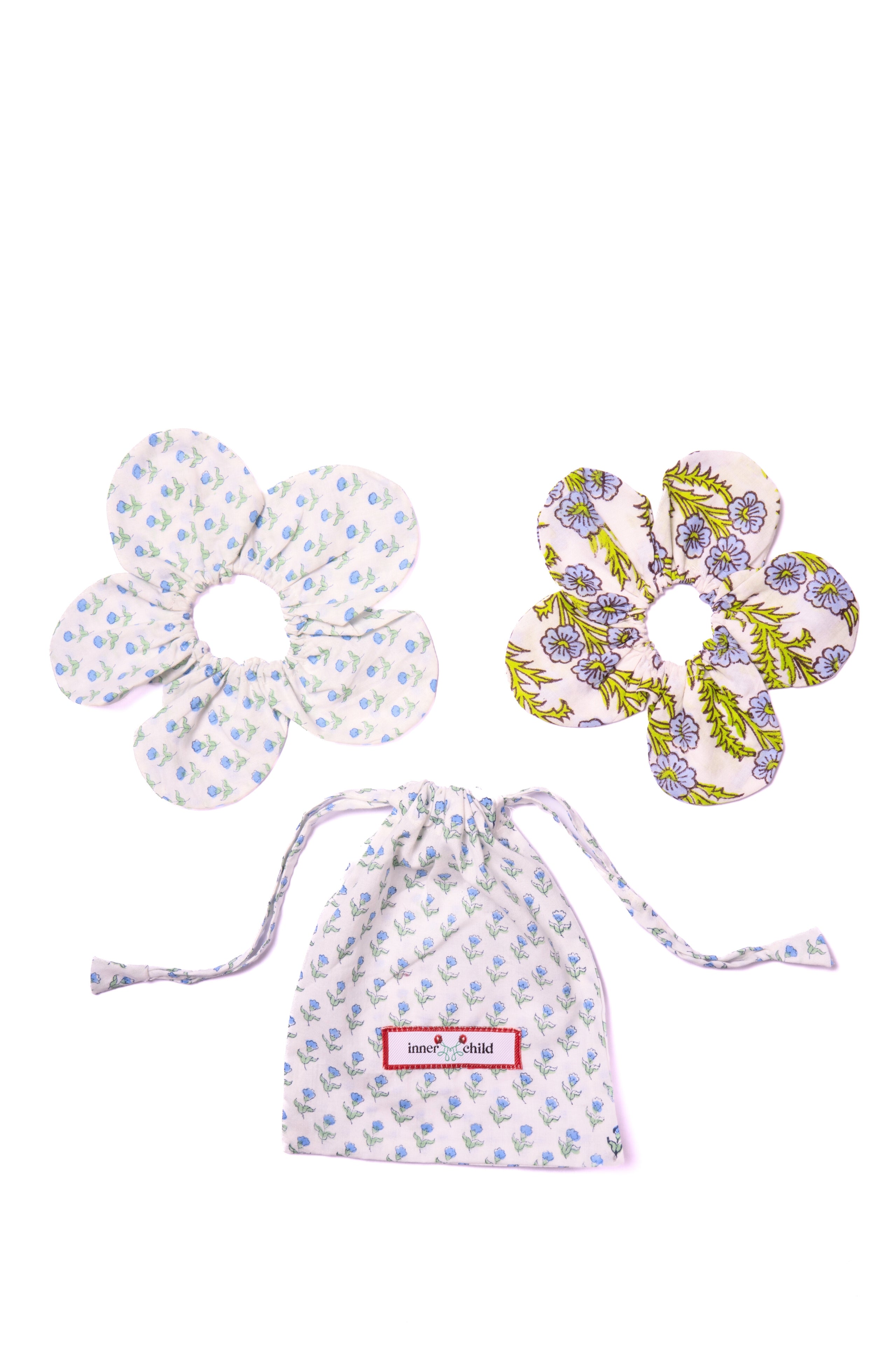 Marais block print flower-shaped scrunchie set with matching Inner Child drawstring bag