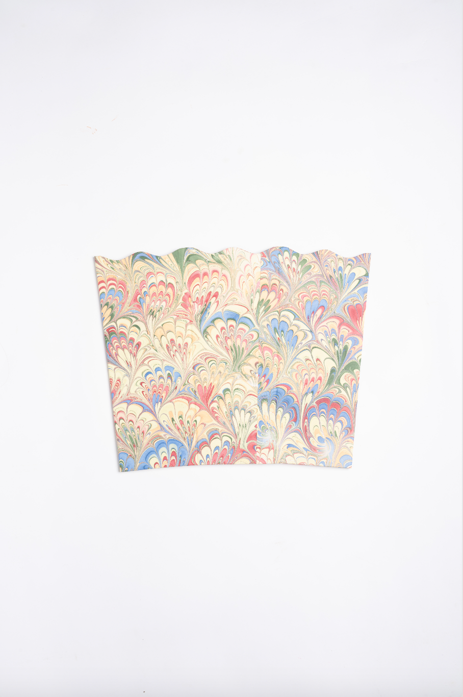 Hand-marbled scallop waste bin storage bin in multicolor folded view