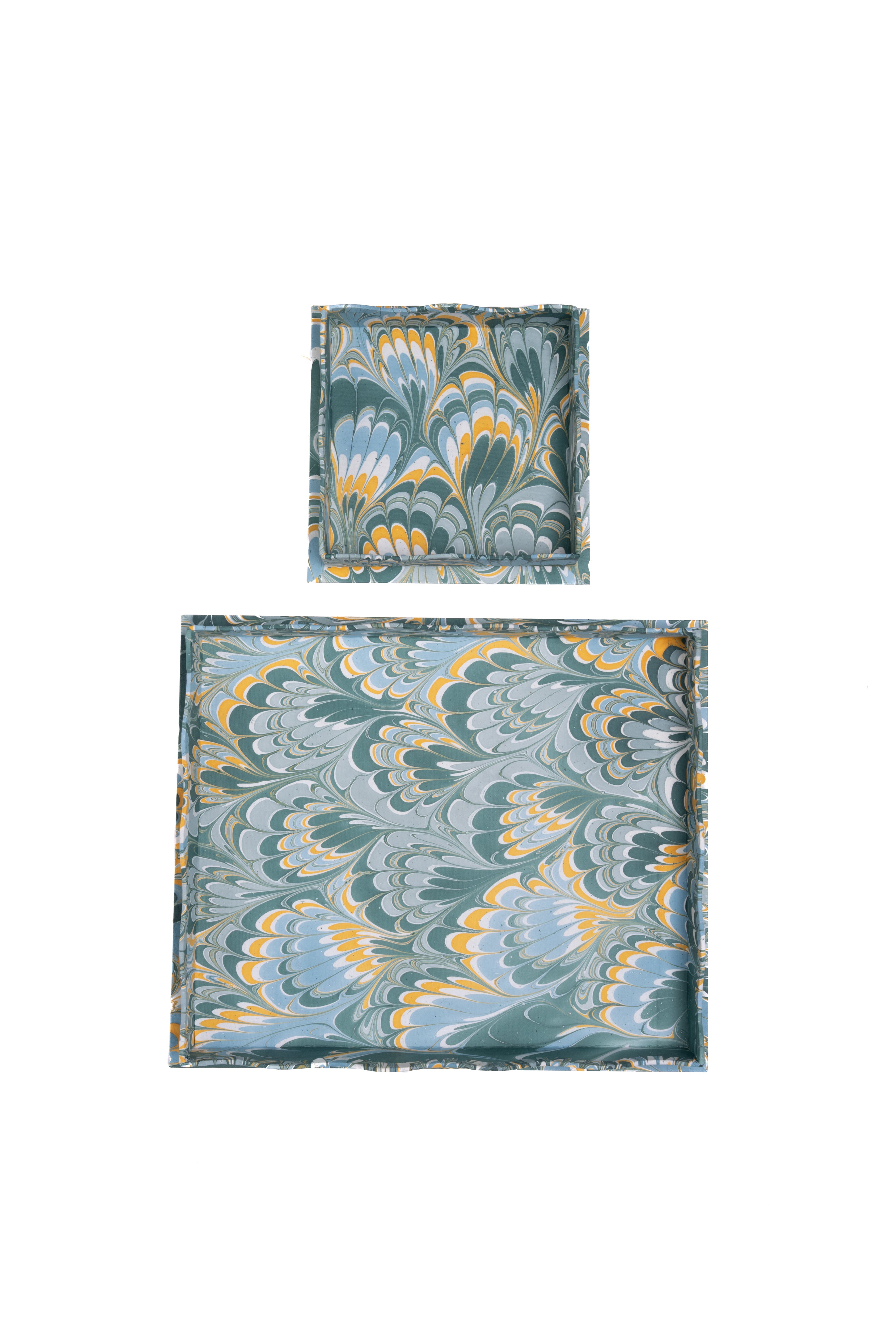 Square nesting scalloped hand-marbled trays