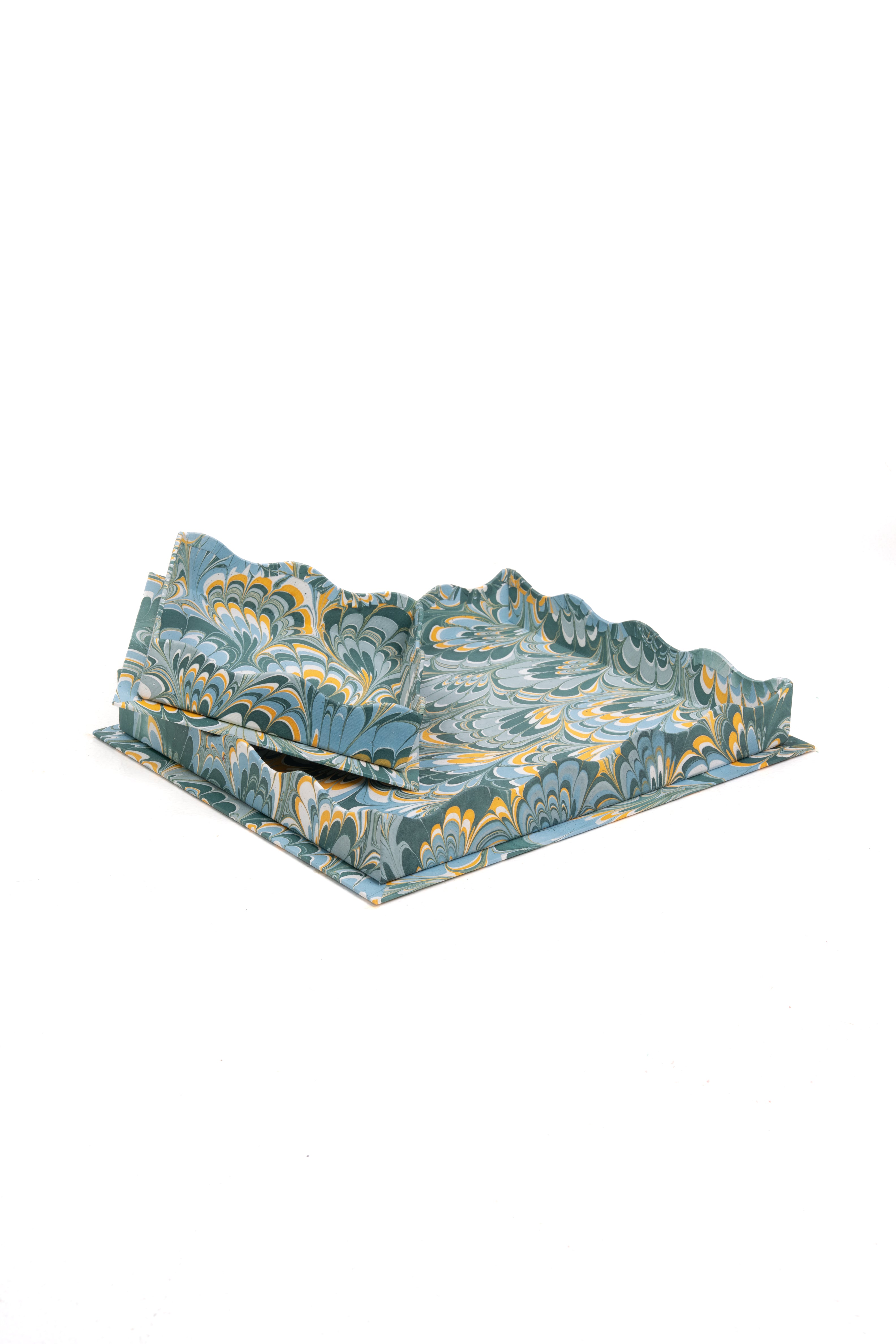 Nested square scalloped hand-marbled trays blue