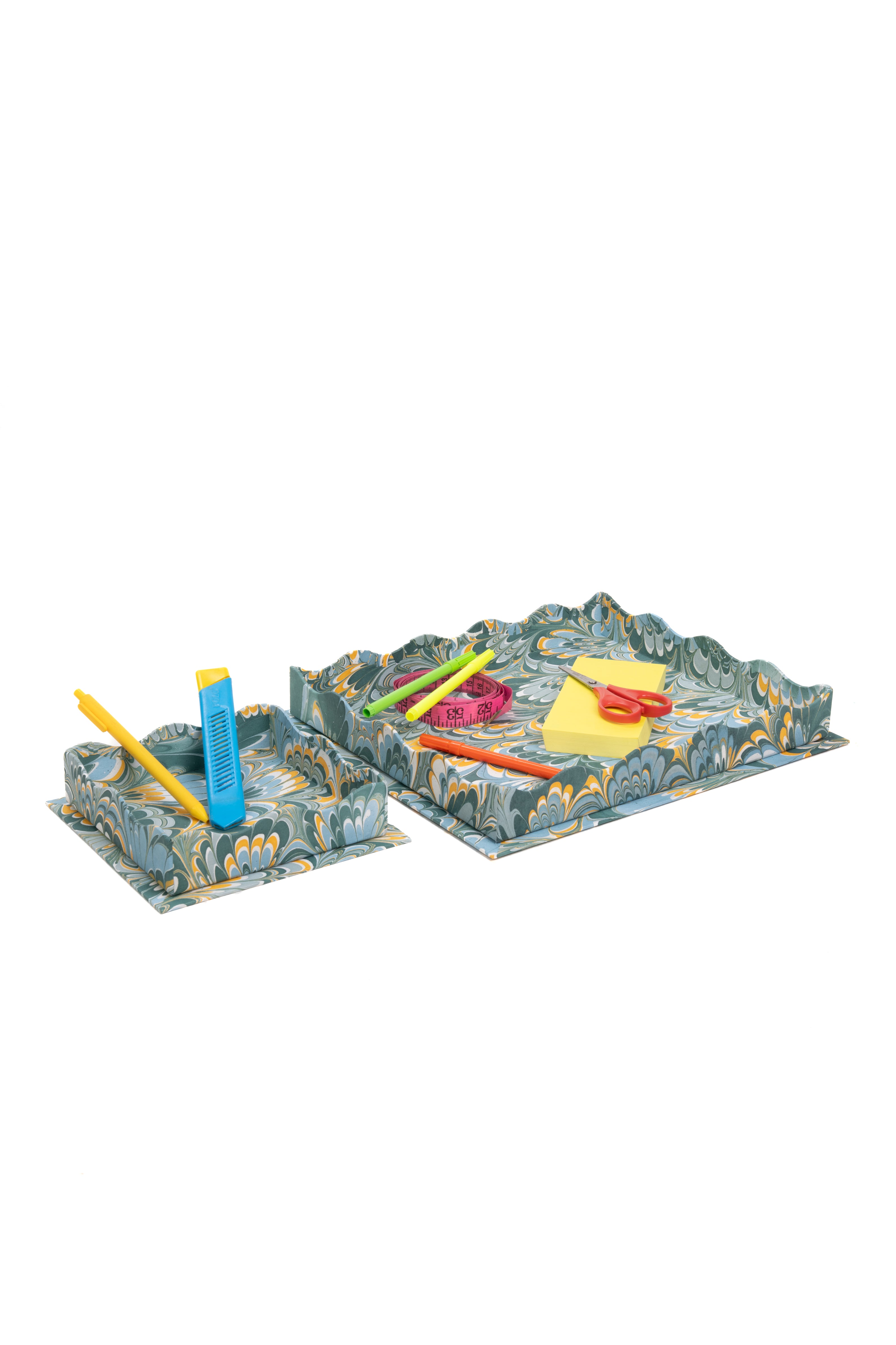 Inner Child nesting scalloped hand-marbled square trays blue