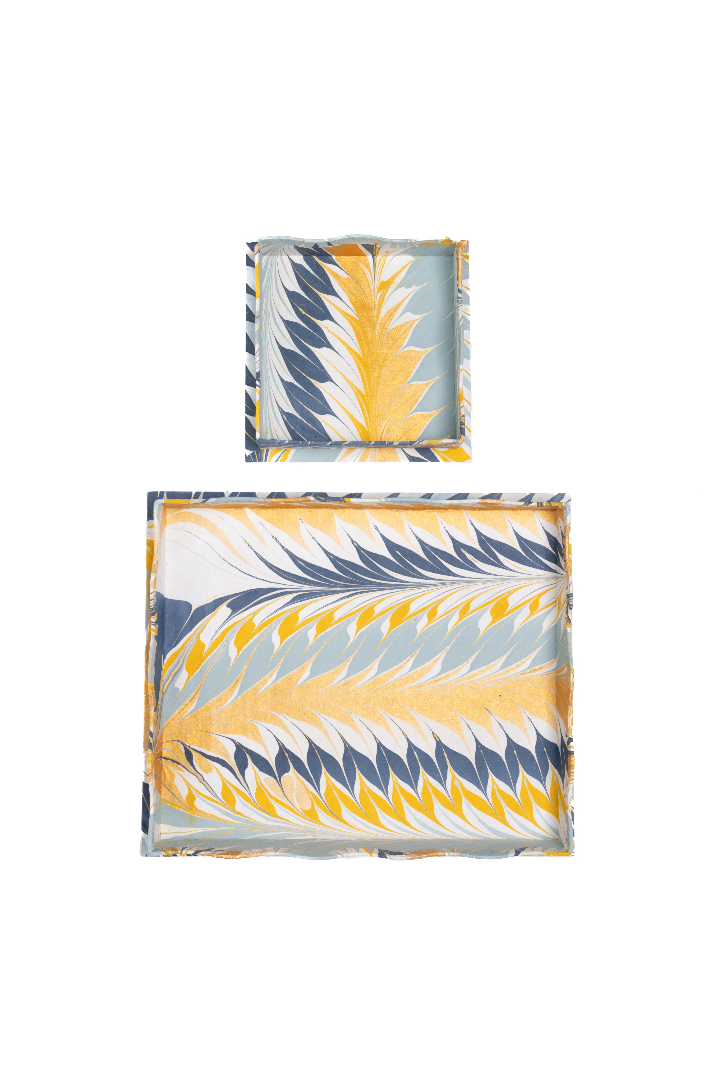Inner Child empty nesting scalloped hand-marbled golden blue trays top view