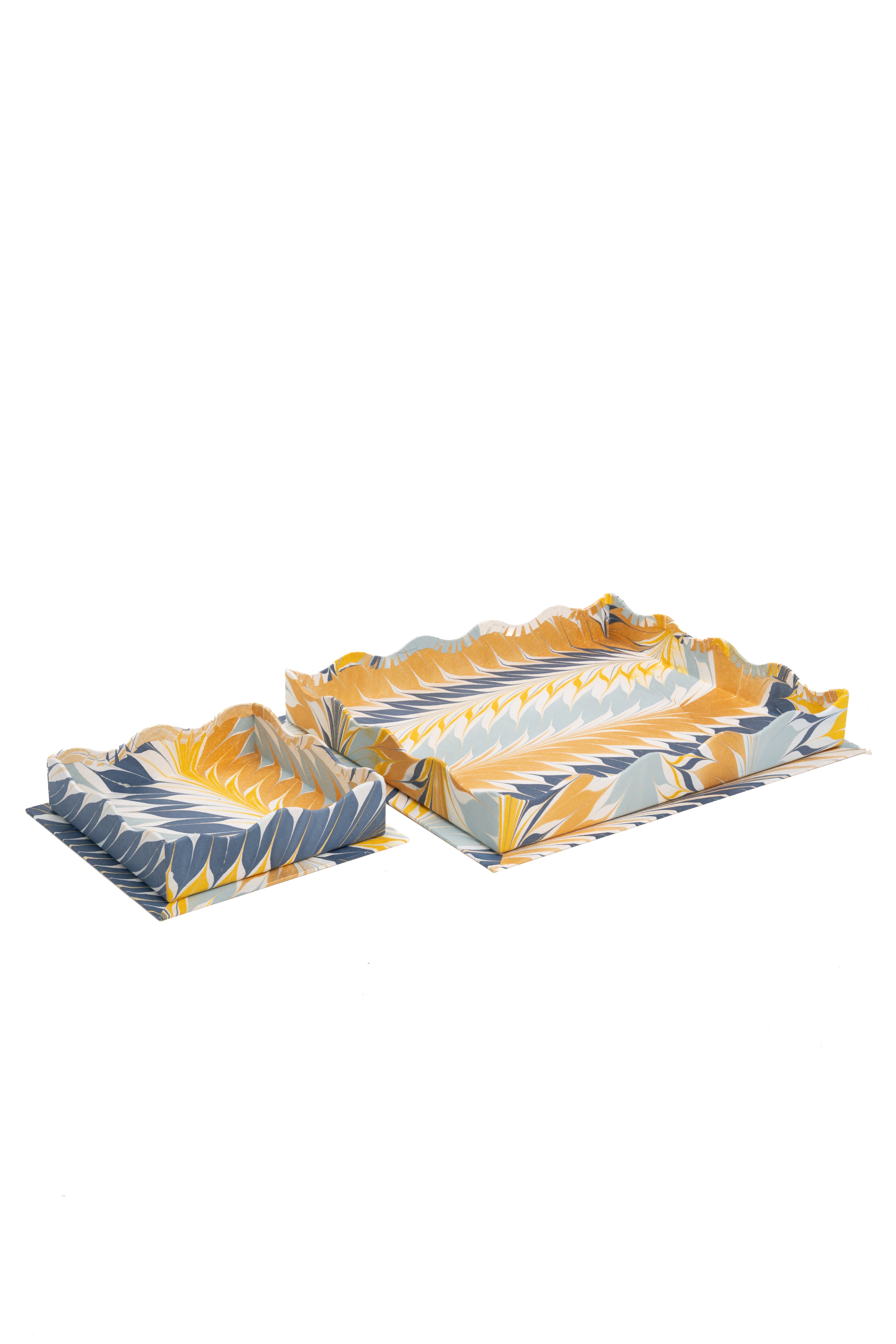 Inner Child nesting scalloped hand-marbled golden blue trays set