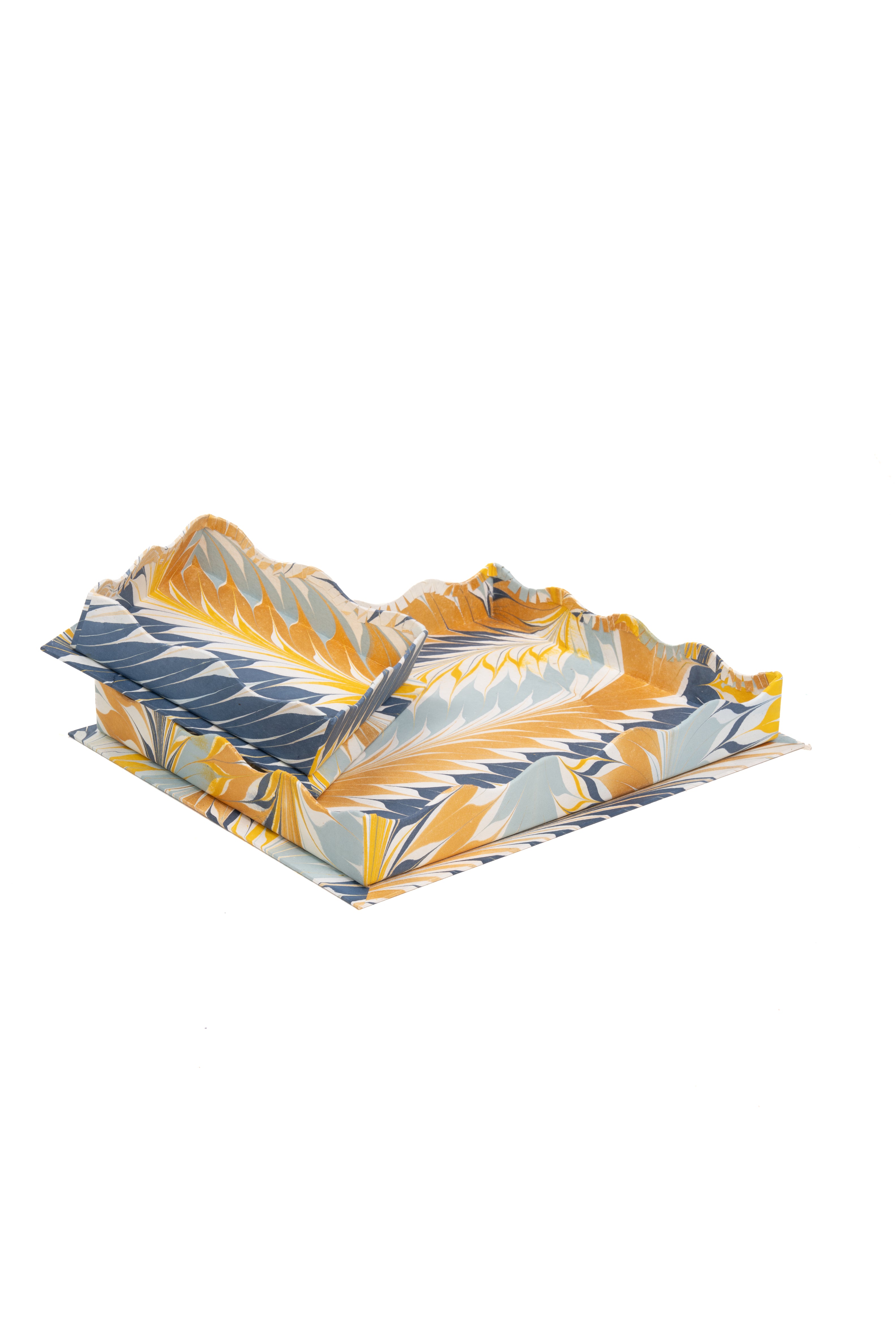 Inner Child stacked nesting scalloped hand-marbled golden blue trays