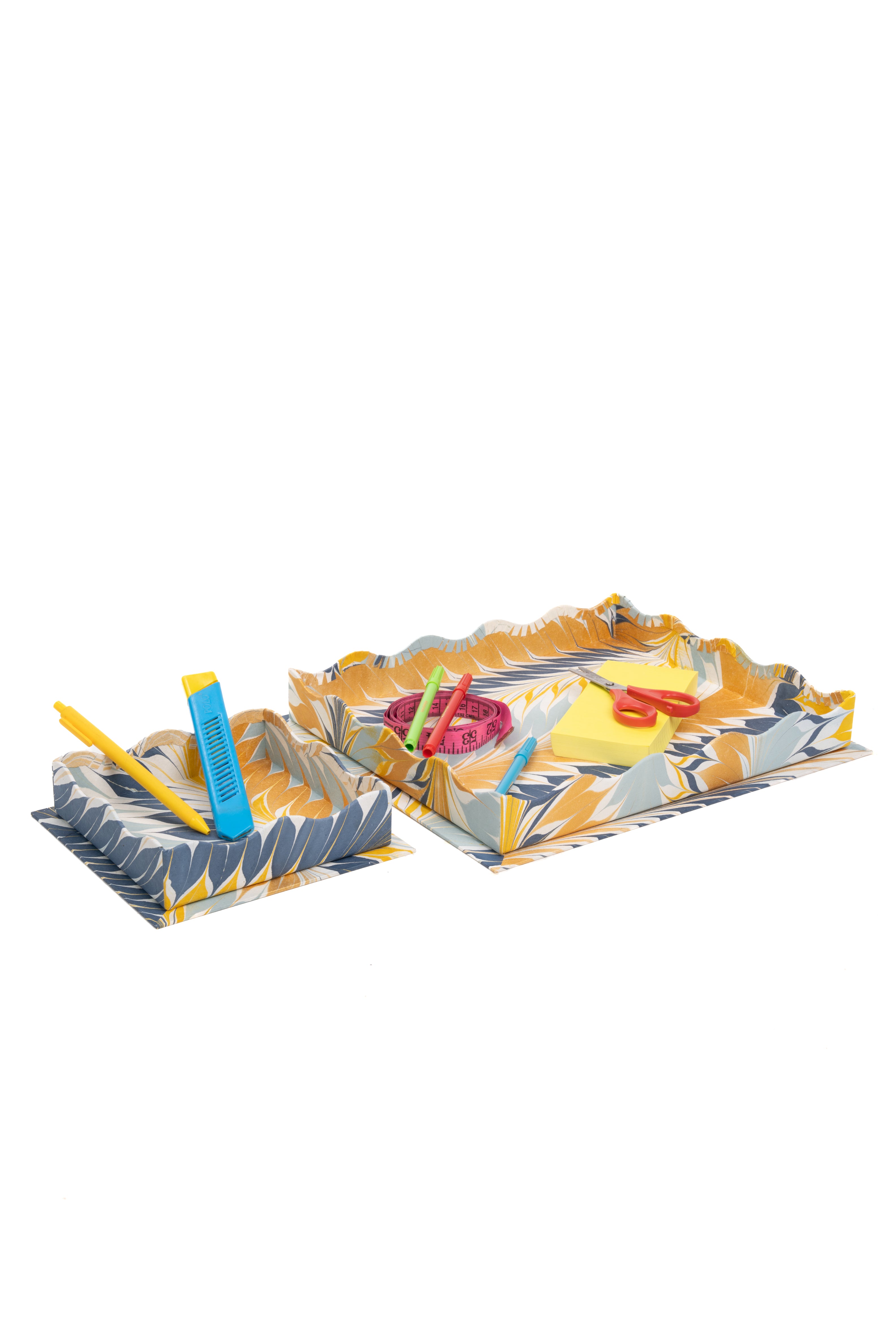 Inner Child nesting scalloped hand-marbled golden blue trays with stationery