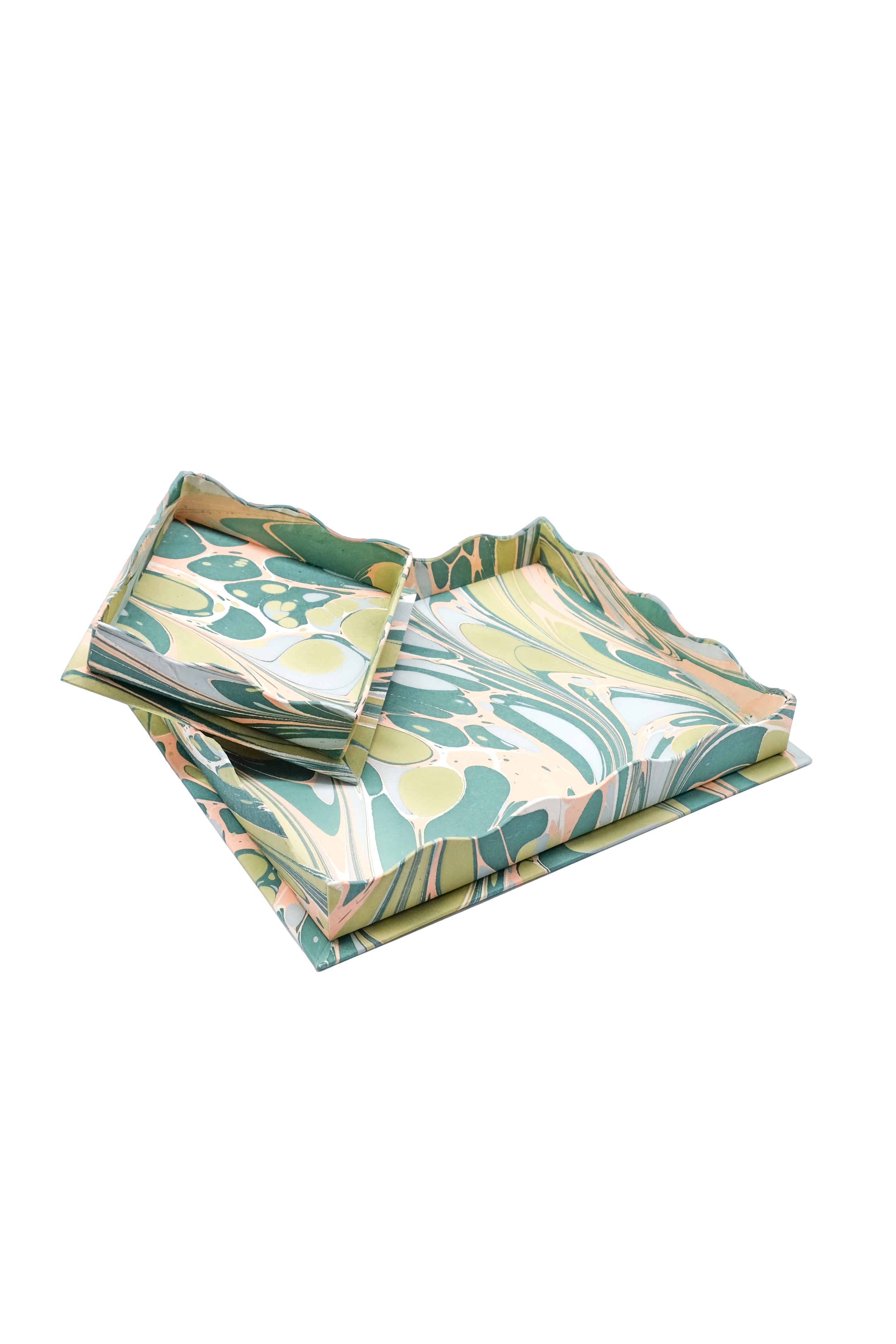 Inner Child nesting scalloped hand-marbled trays green pink marbling design