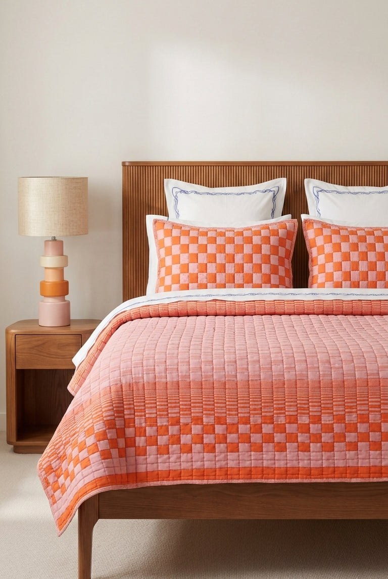 Bed with orange checkered quilt and wooden headboard in a room with a lamp.