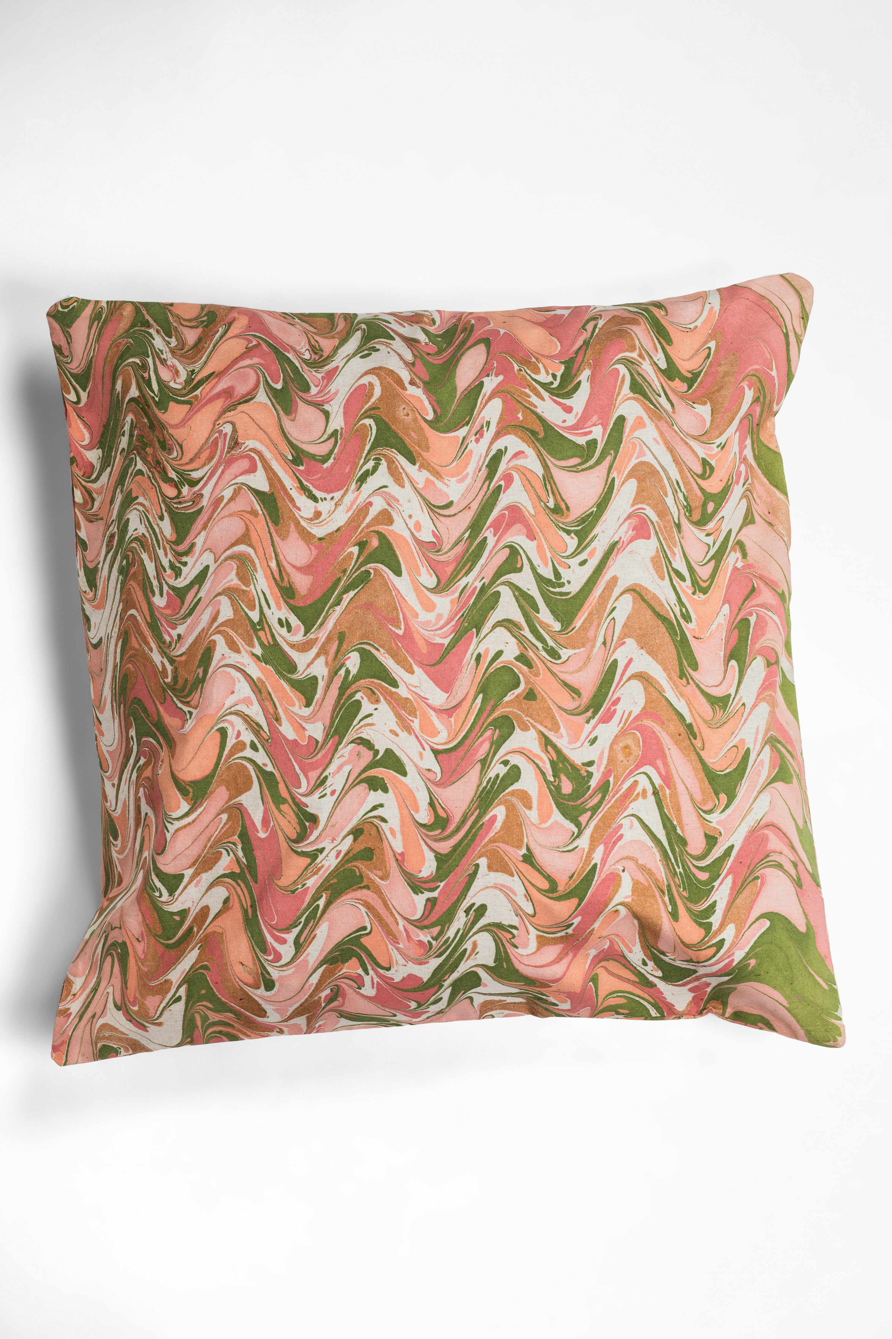 Peony Bloom hand-marbled 20x20 square pillow with swirling pink, green, orange designs