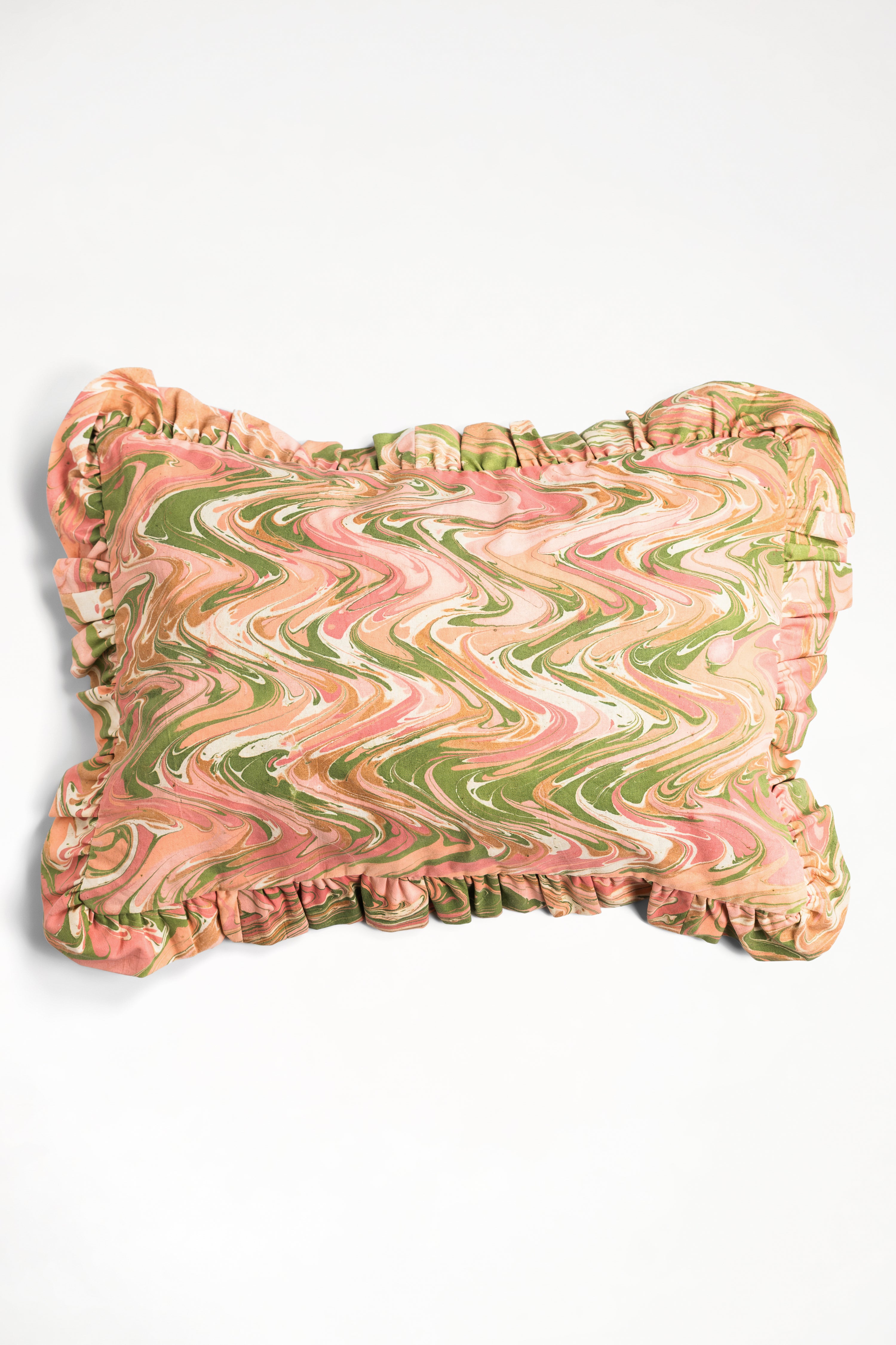 Peony Bloom ruffled hand-marbled pillow with pink, green, orange patterns
