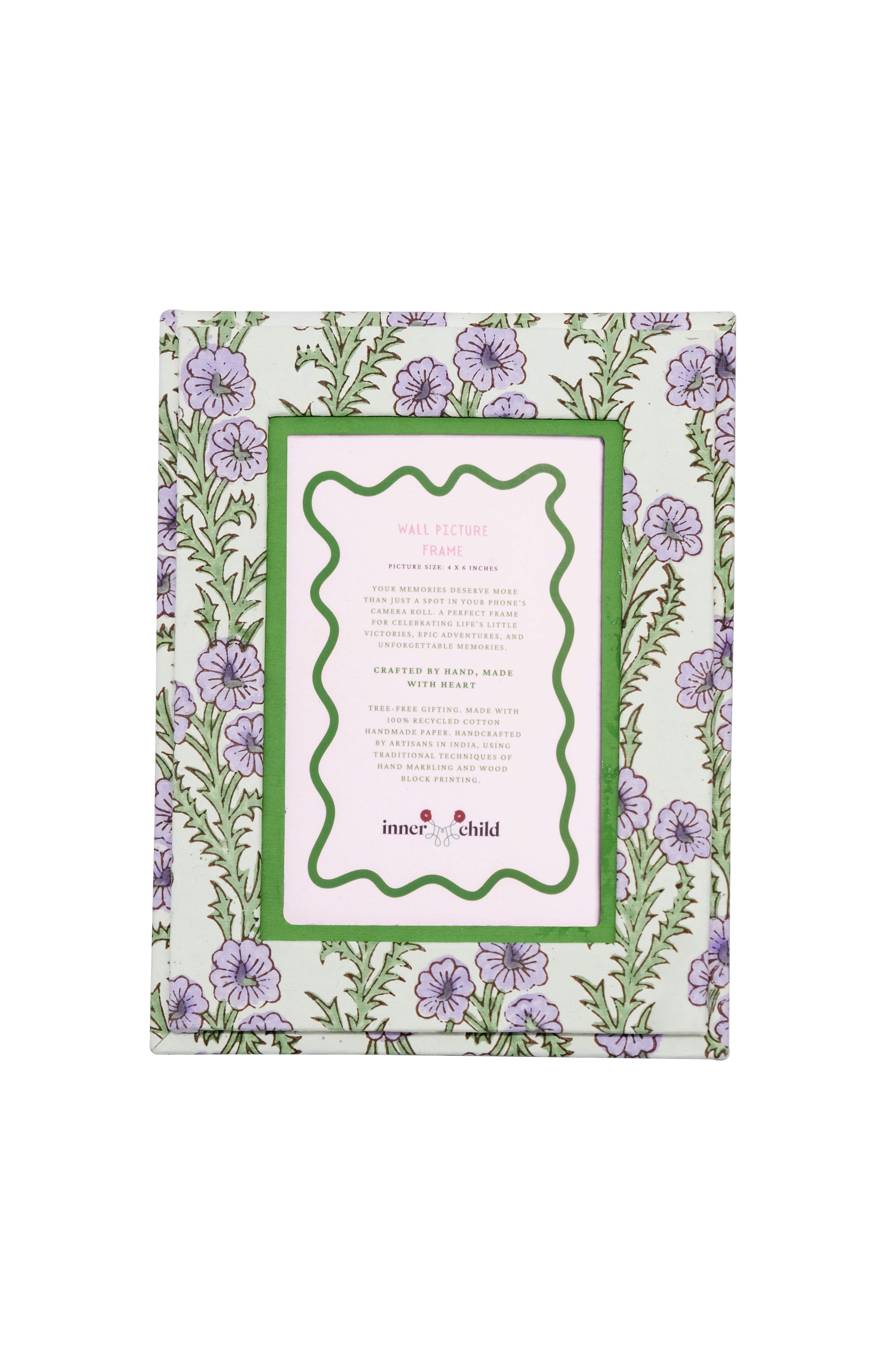 Purple forget-me-not floral wall frame with info card by Inner Child