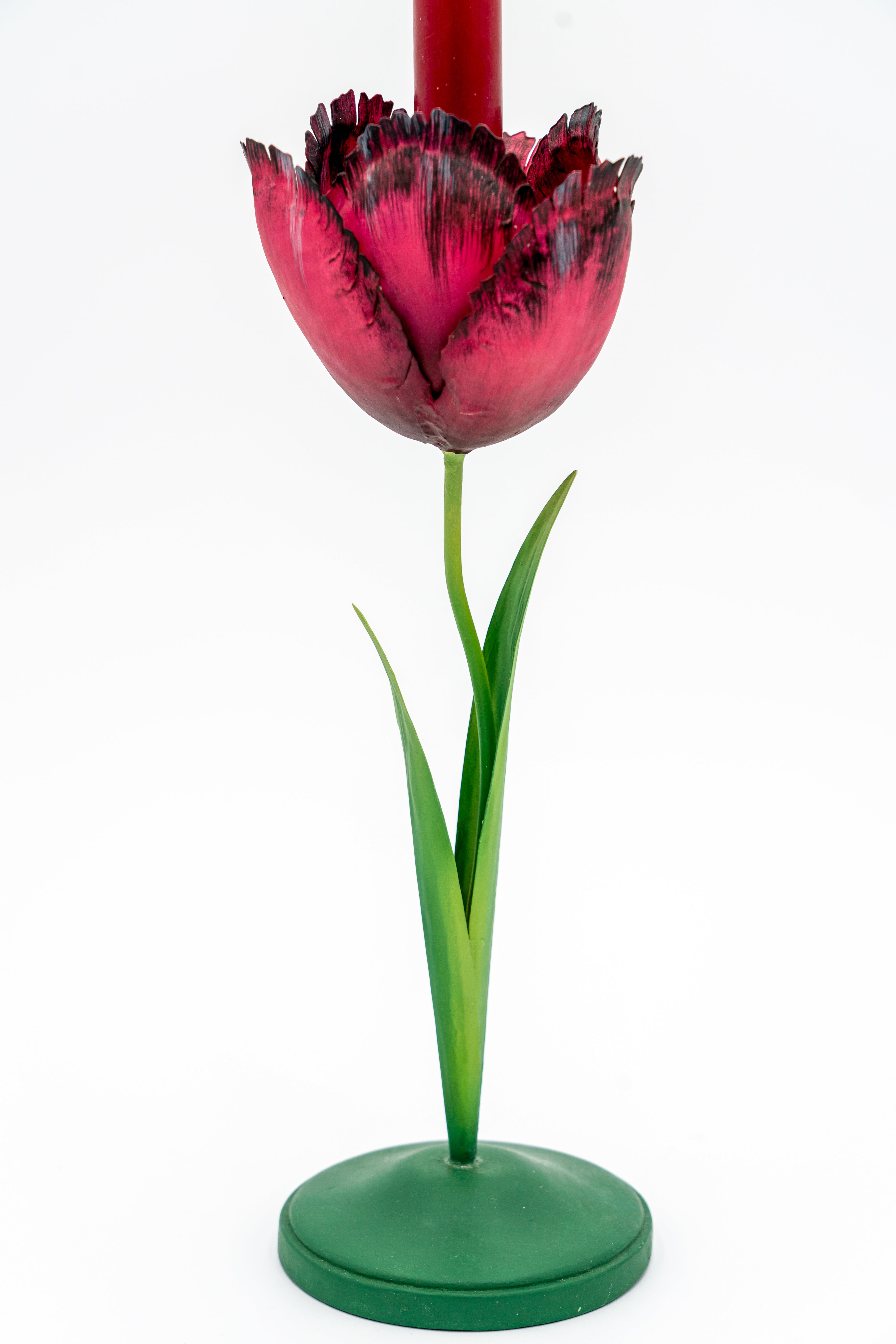 Close-up of dark red tulip candleholder showing flower details