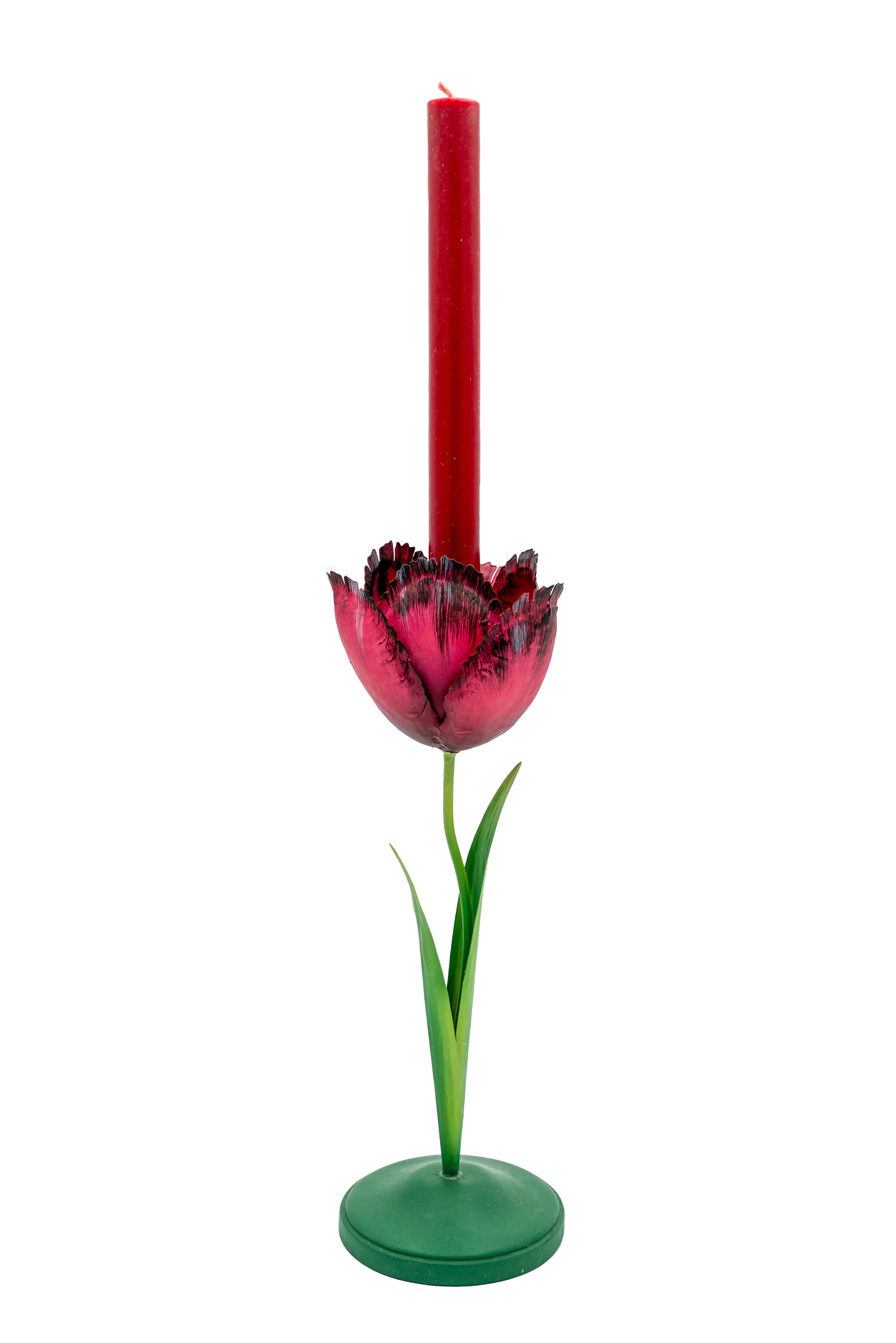 Dark red tulip candleholder with tall candle, green base