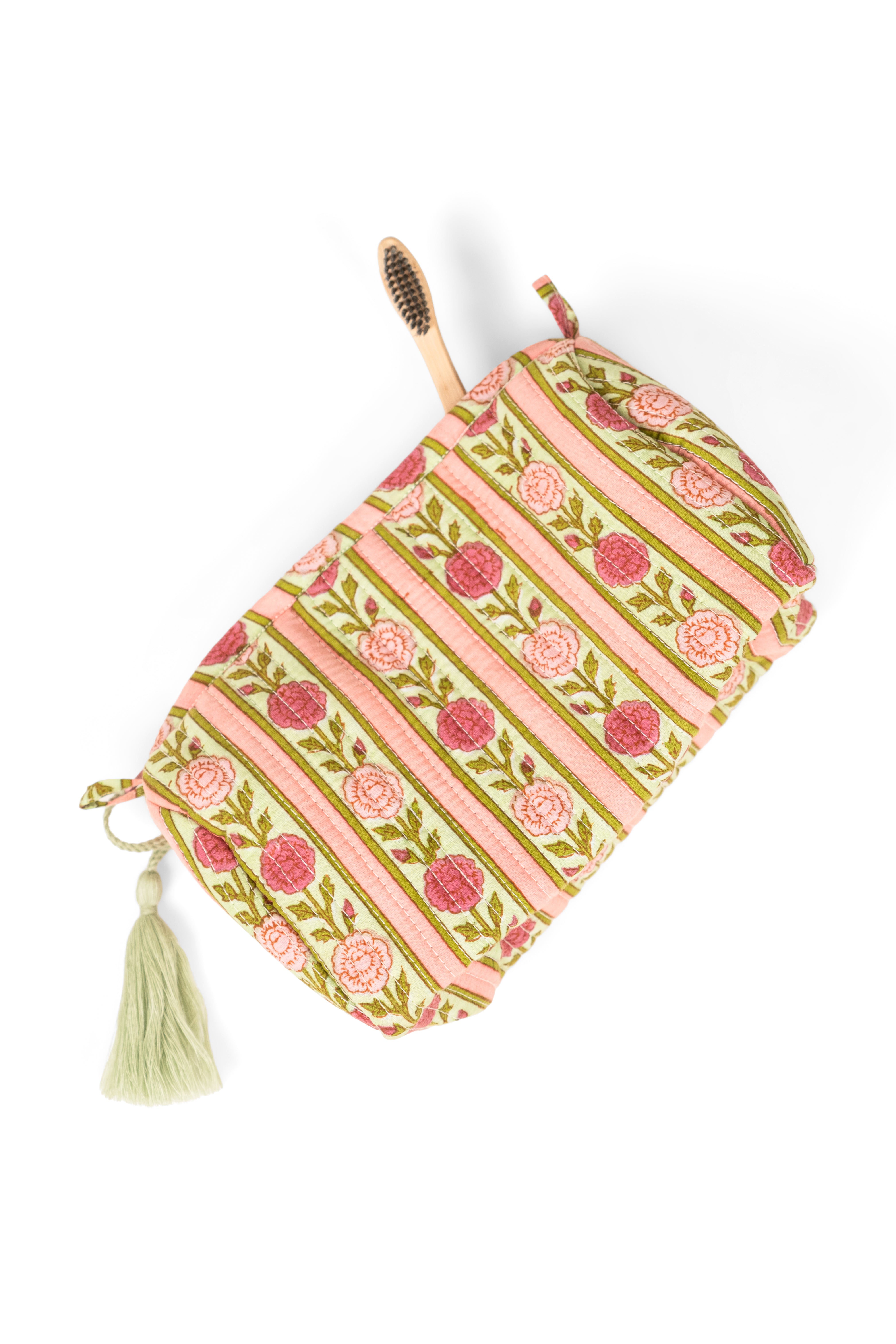 Vintage floral striped fabric makeup bag with sage green tassel and wooden brush by Inner Child