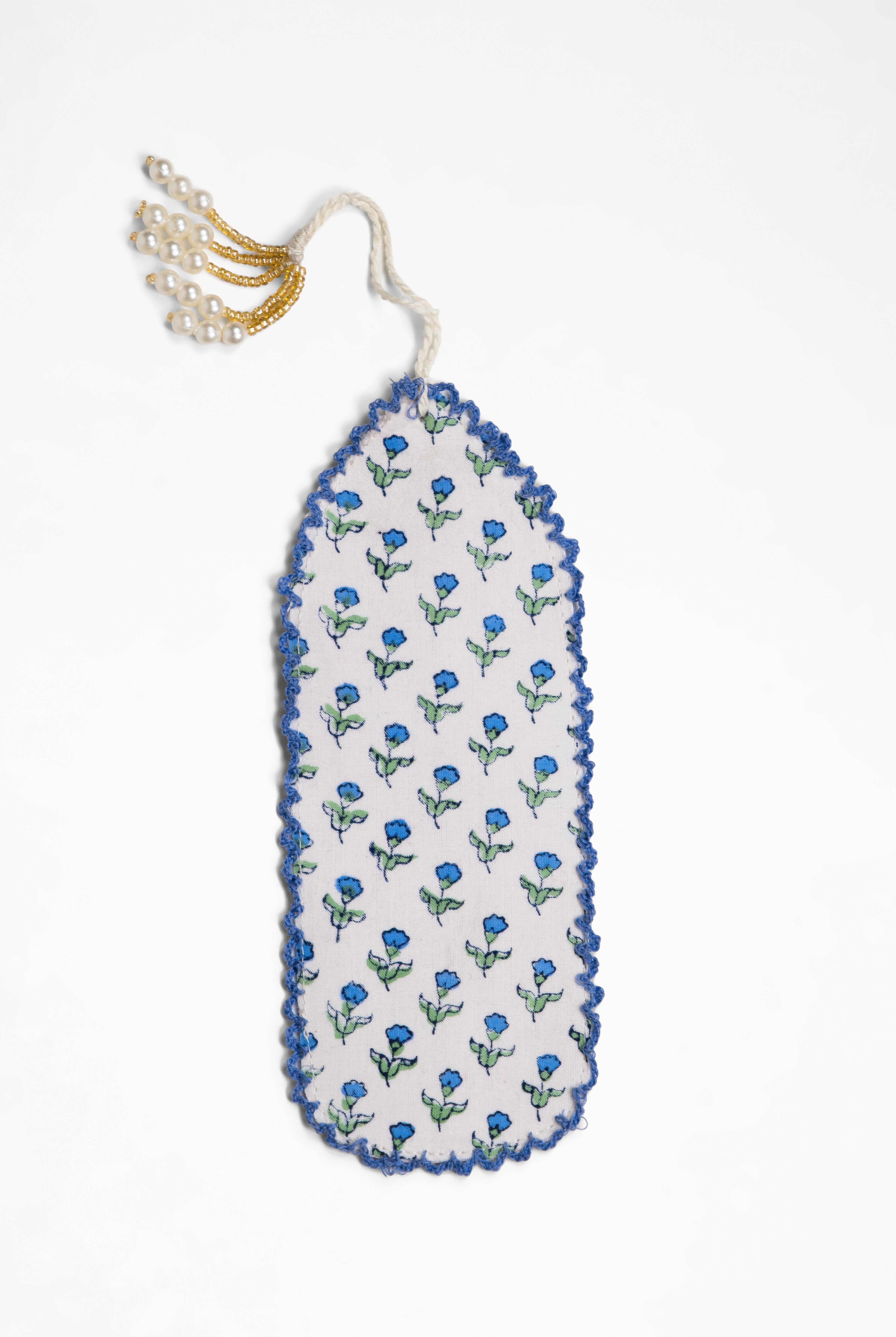 Blue Primrose blockprint bookmark with floral design and beaded tassel