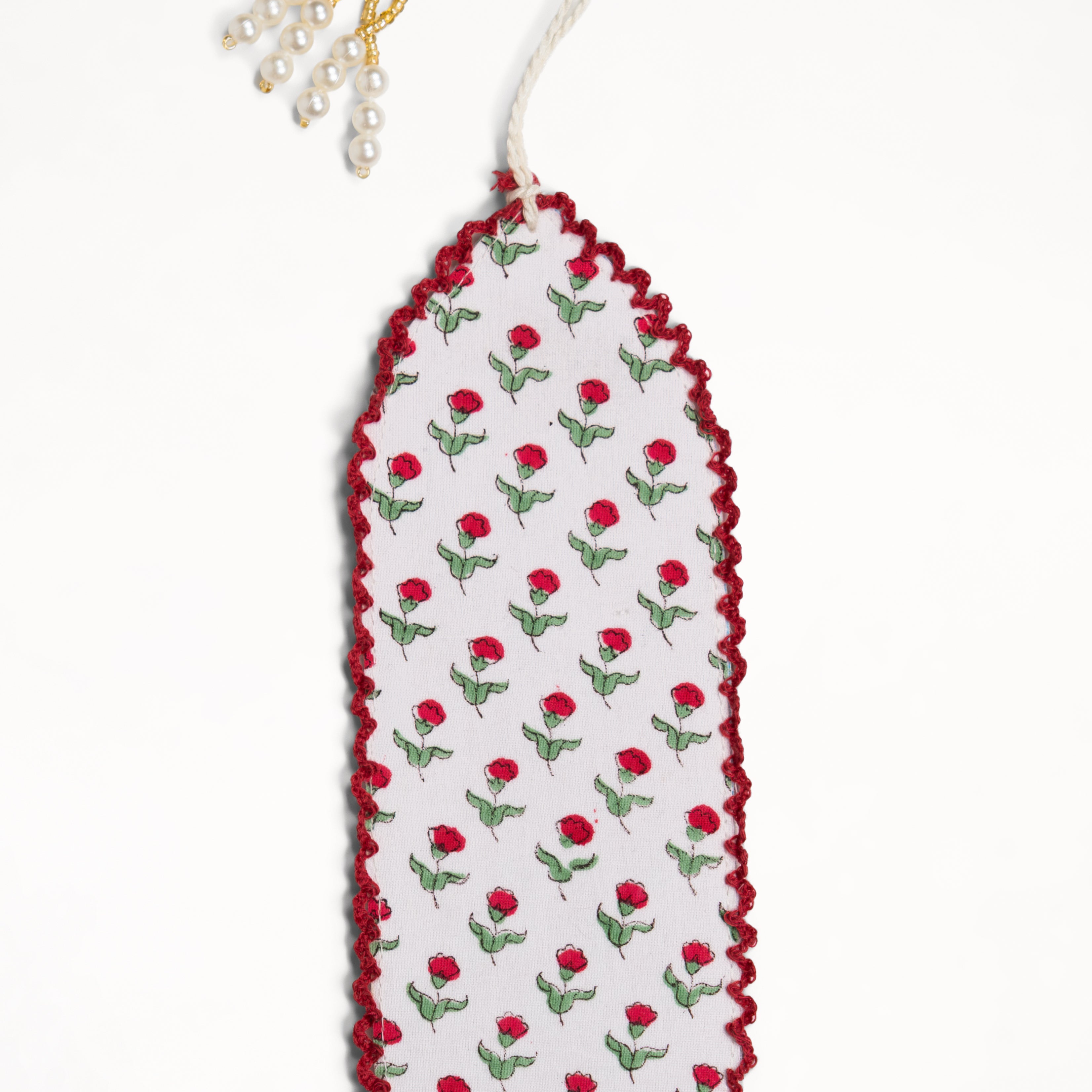 Red primrose blockprint bookmark with red lace edge