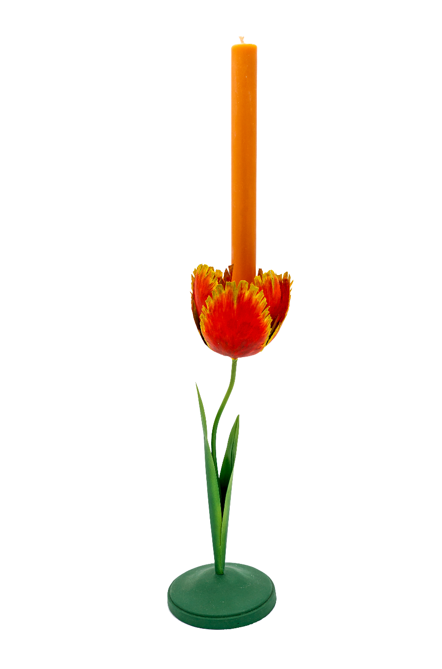 Inner Child medium 10" red/yellow frilled tulip candleholder with orange candle