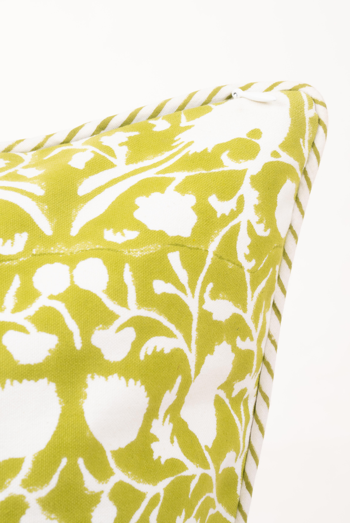 Close-up of olive green blockprint pillow showing stitching detail from Inner Child