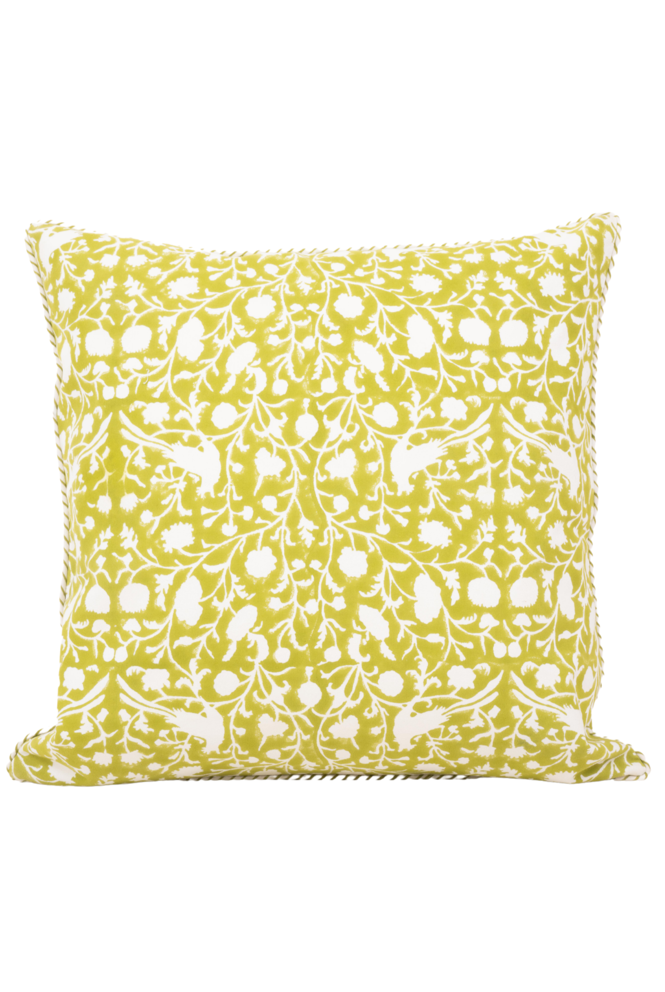 Olive green blockprint pillow with white bird and floral patterns from Inner Child