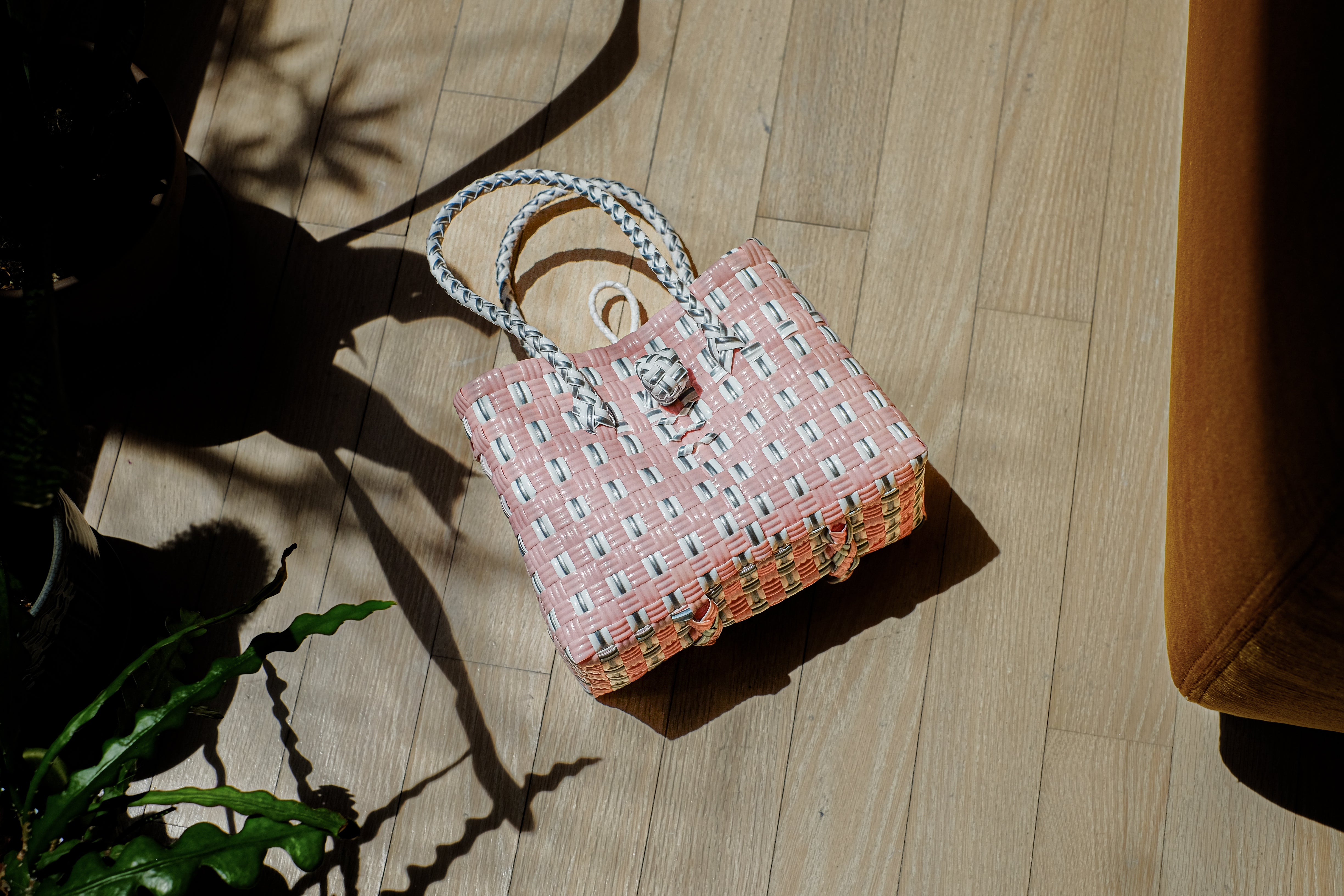 Inner Child Saigon Birkin recycled plastic bag light pink & grey top view