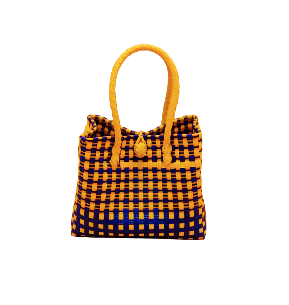 Inner Child Saigon Birkin recycled plastic bag in blue/yellow with braided handle