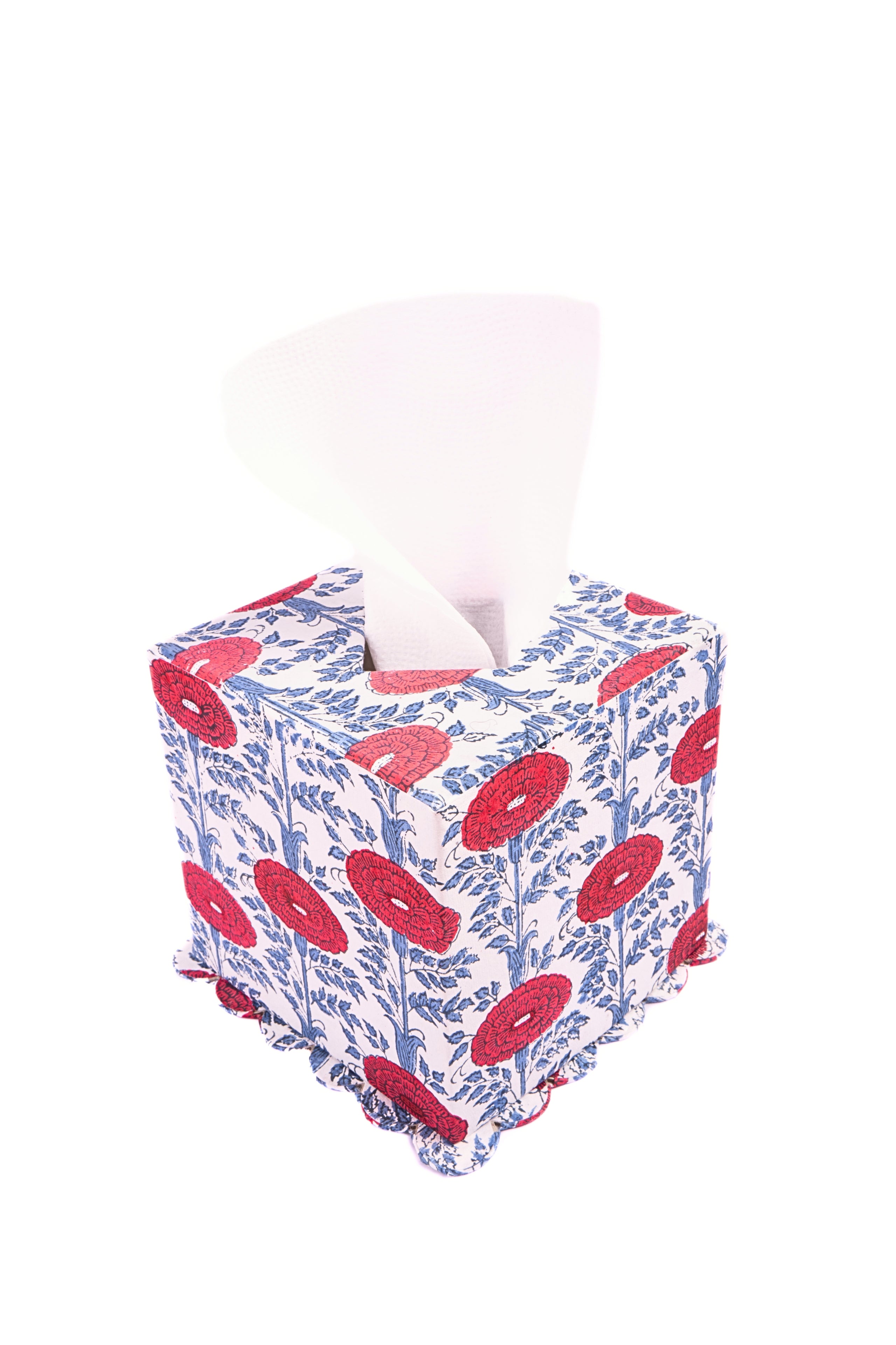 Scallop-edged tissue box box covers with red floral blockprint pattern by Inner Child
