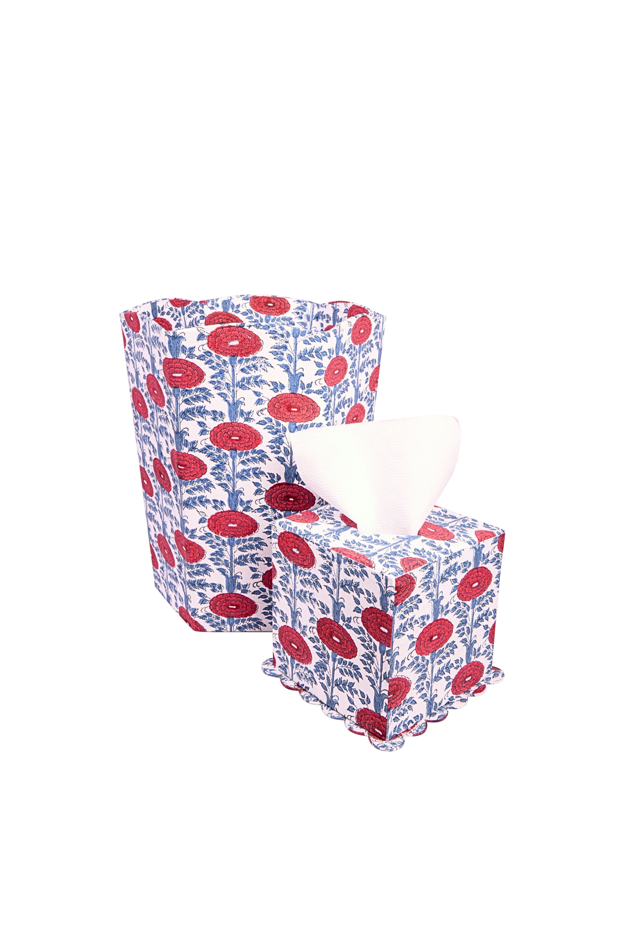 Scallop-edged tissue box covers with red floral blockprint pattern by Inner Child
