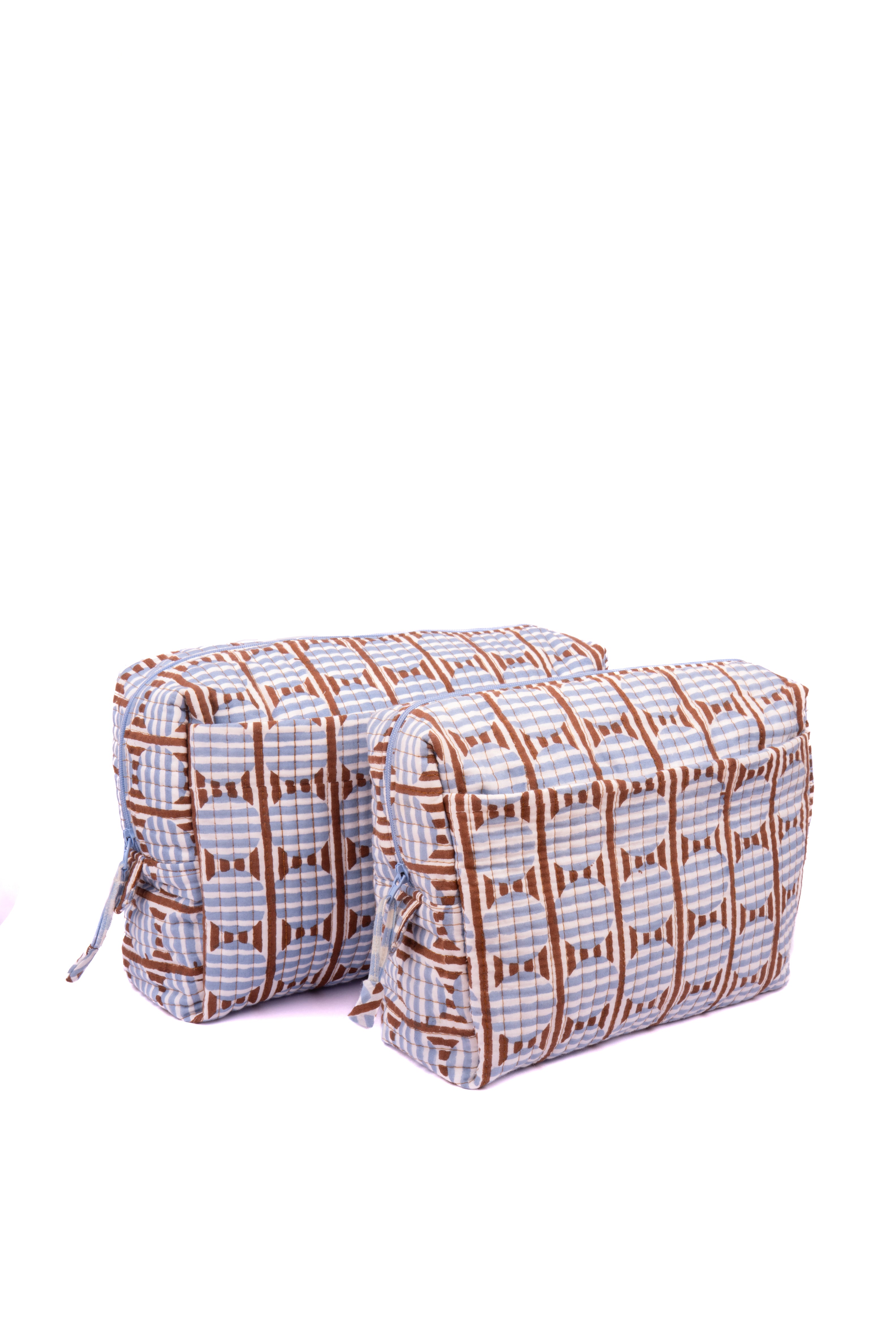 Inner Child brown blue striped circle blockprint travel pouches