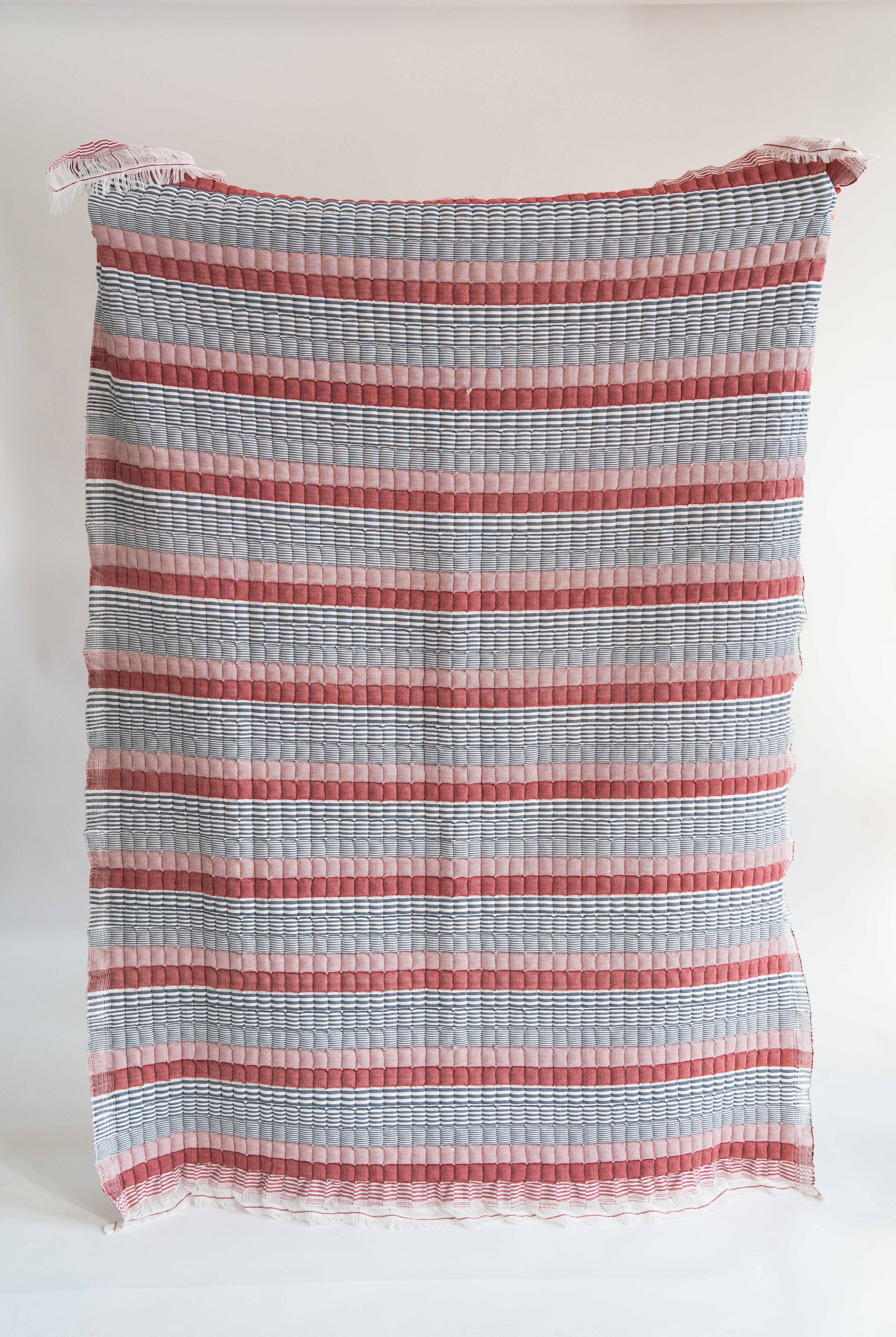 Inner Child's Americana Sujani quilt - colorful striped handwoven textile with fringe edges