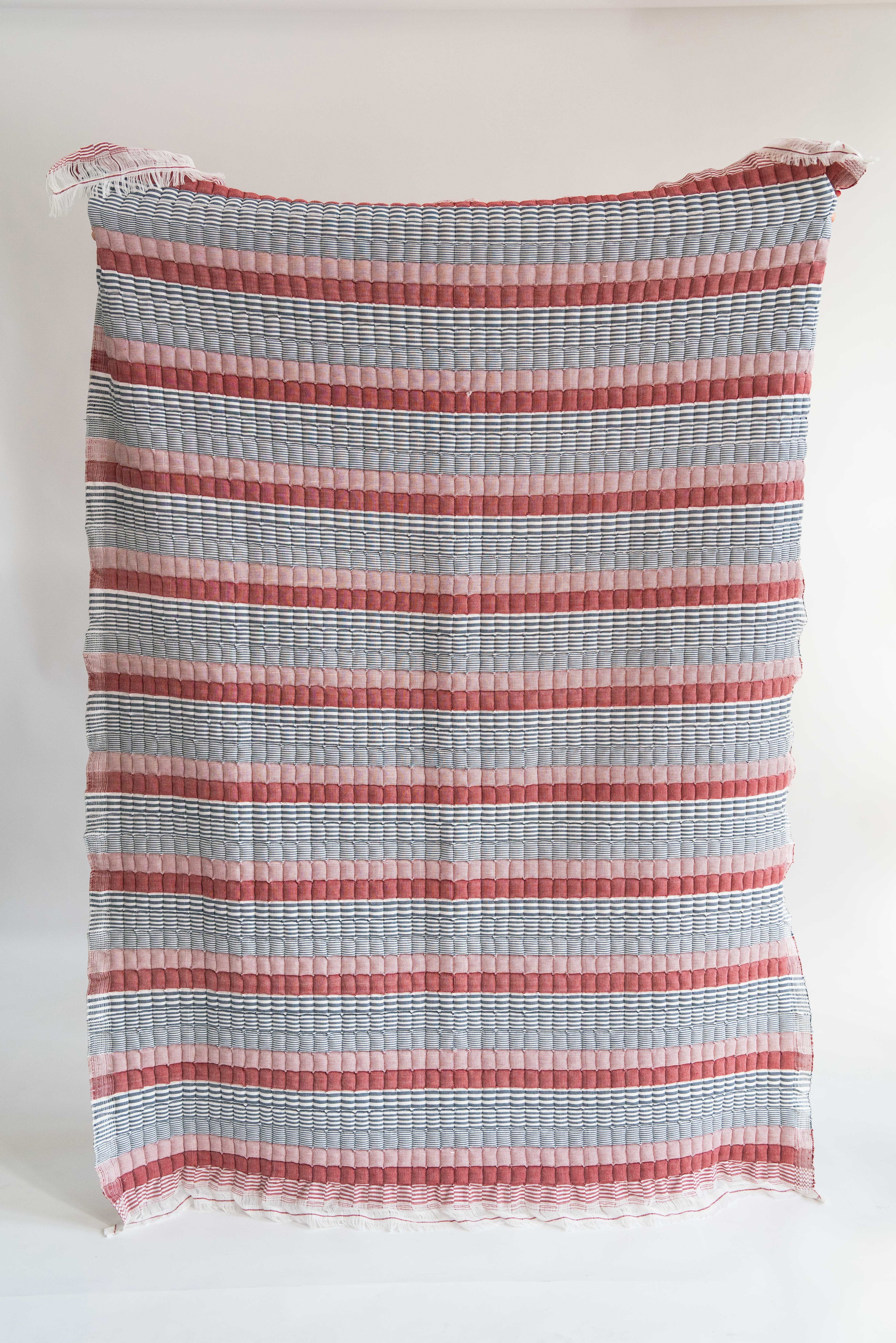 Inner Child's Americana Sujani quilt - colorful striped handwoven textile with fringe edges