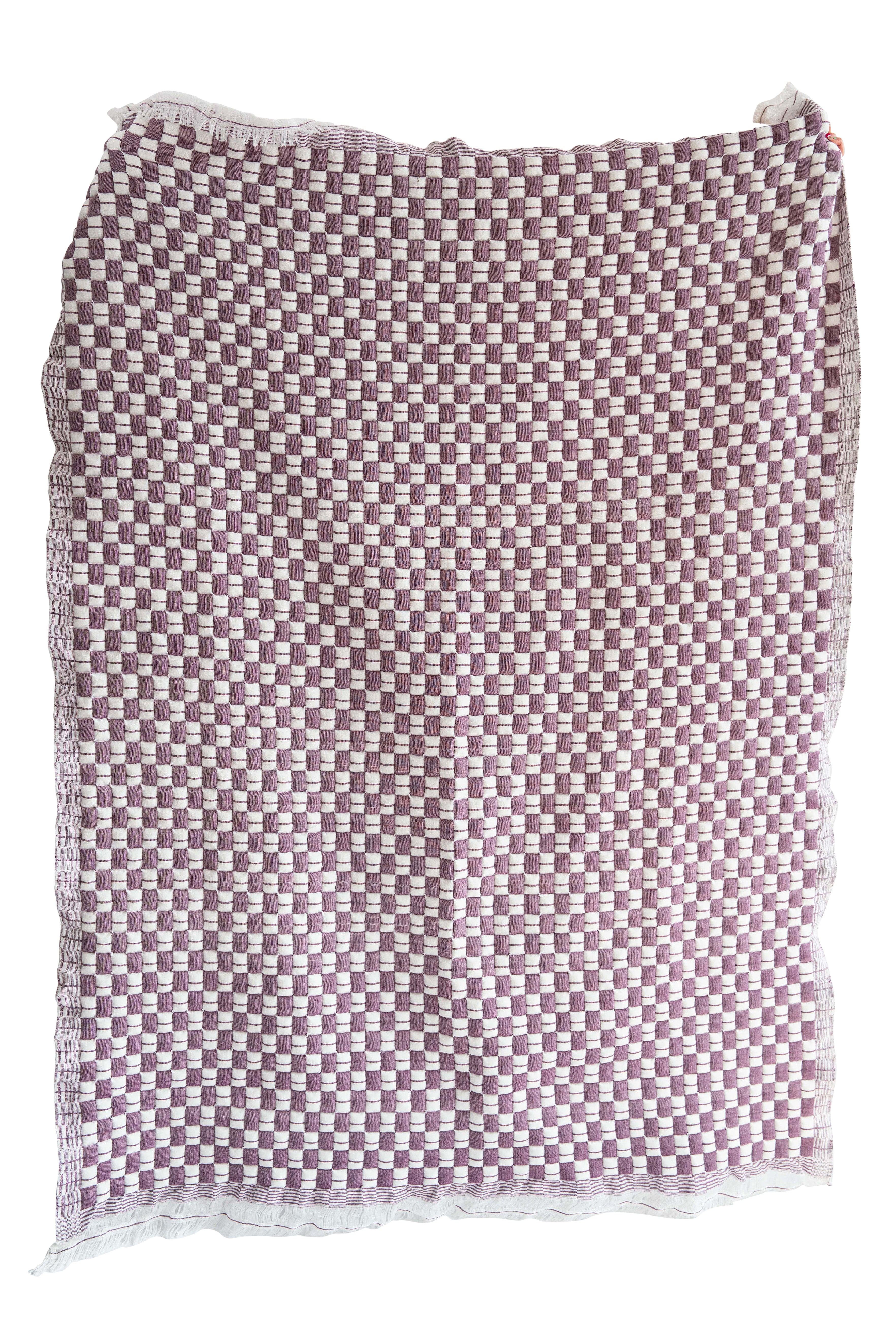 Purple checkered Sujani quilt flat display with fringes - Inner Child