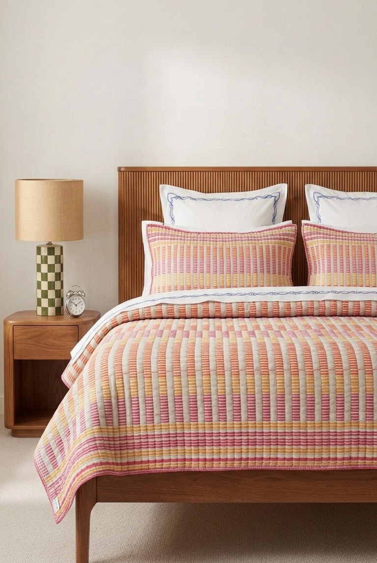 Bedroom with wooden bed, striped bedding, and a lamp on a nightstand.