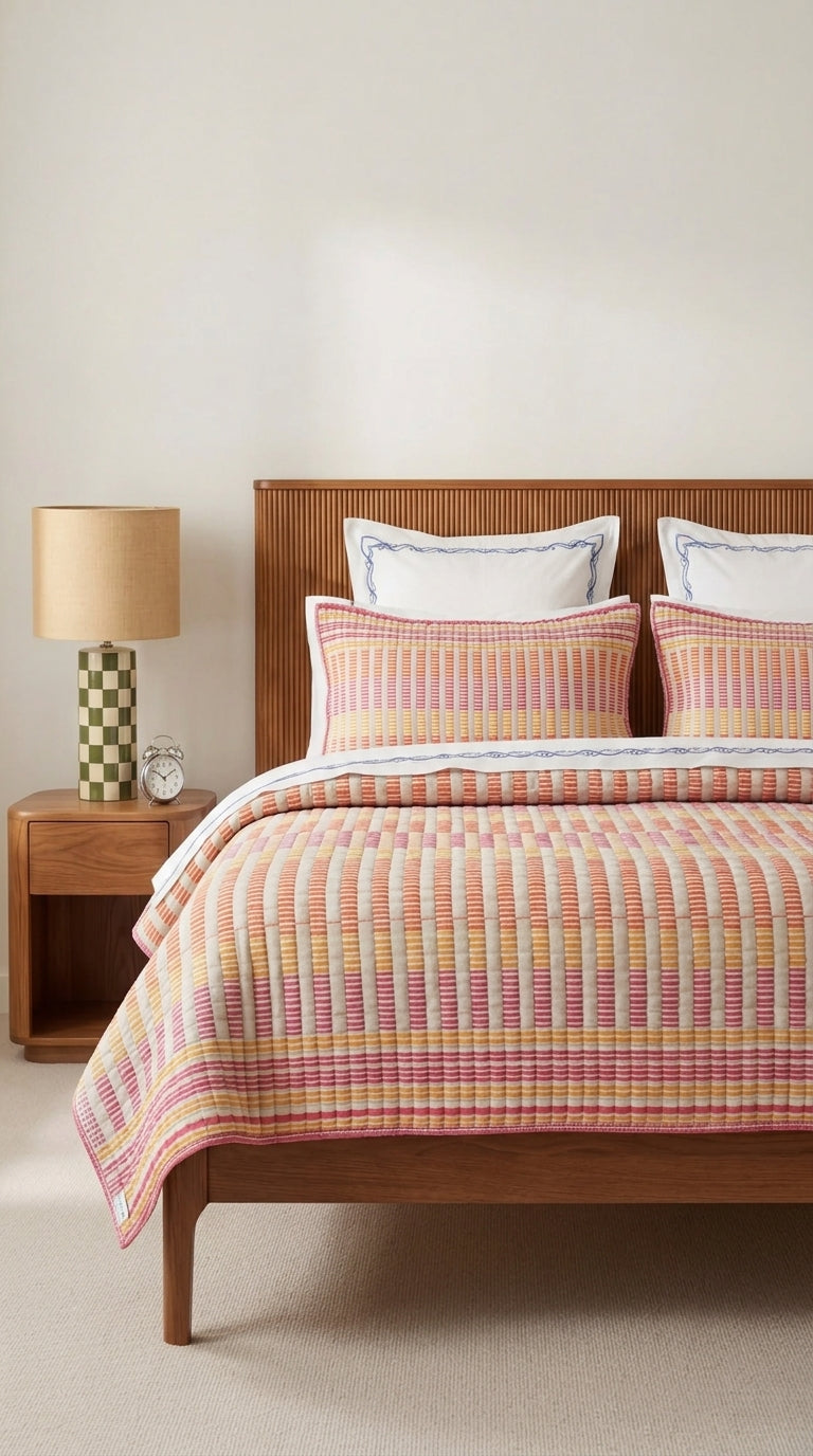 Bedroom with wooden bed, striped bedding, and a lamp on a nightstand.