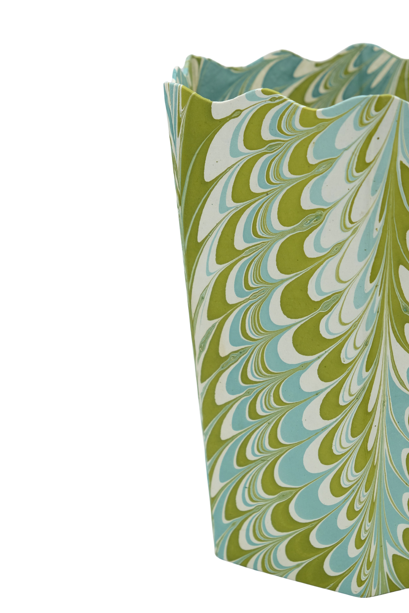 Inner Child close-up hand-marbled scallop waste bin robin blue