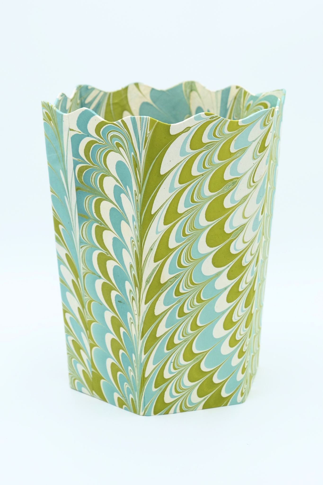 Inner Child hand-marbled scallop waste bin in robin blue with scalloped edges