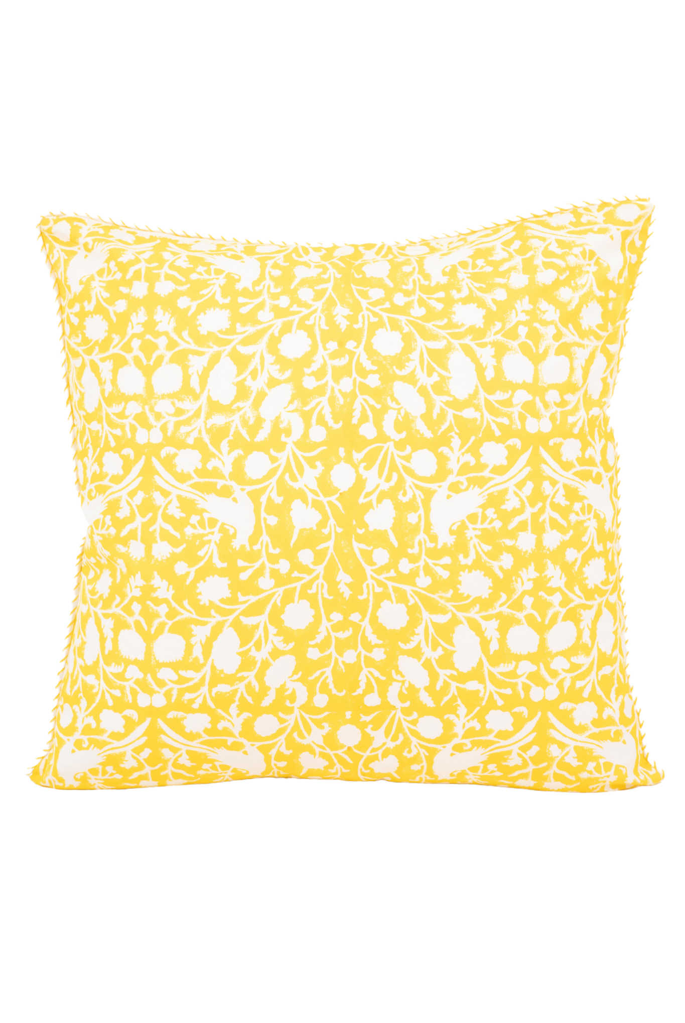 Saffron yellow blockprint reversible pillow with white bird and floral patterns from Inner Child