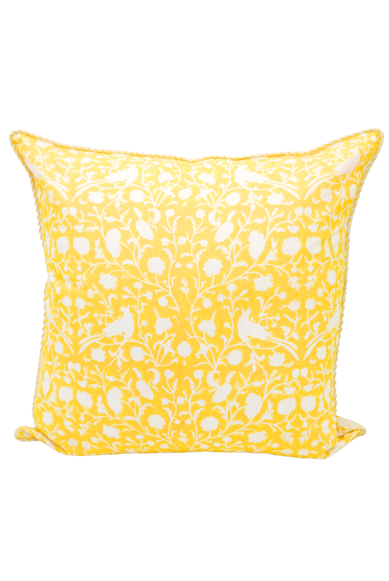 Inner Child reversible saffron yellow blockprint pillow with bird and floral designs