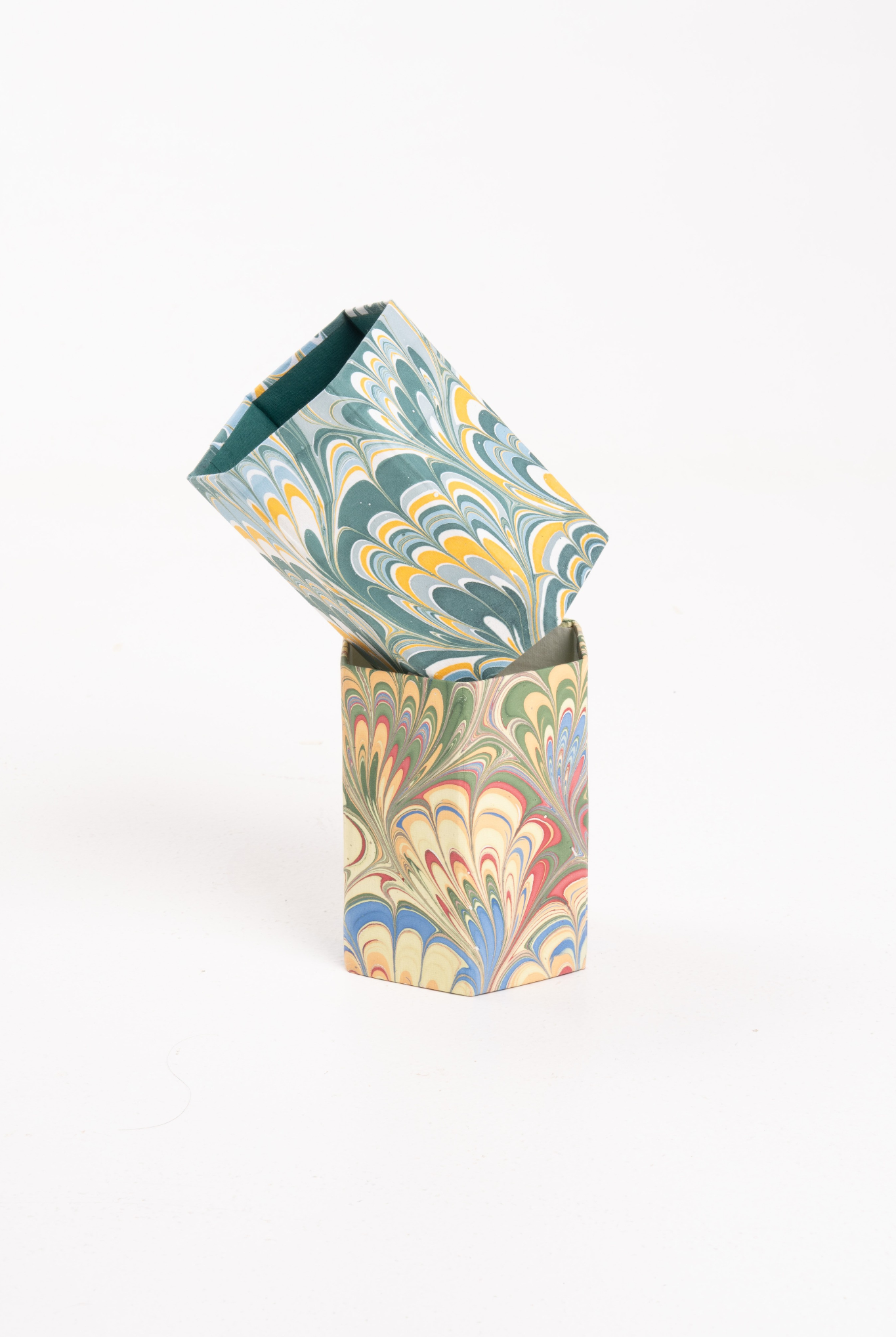 Hand-marbled pencil holder organizer with blue/yellow marbling from Inner Child