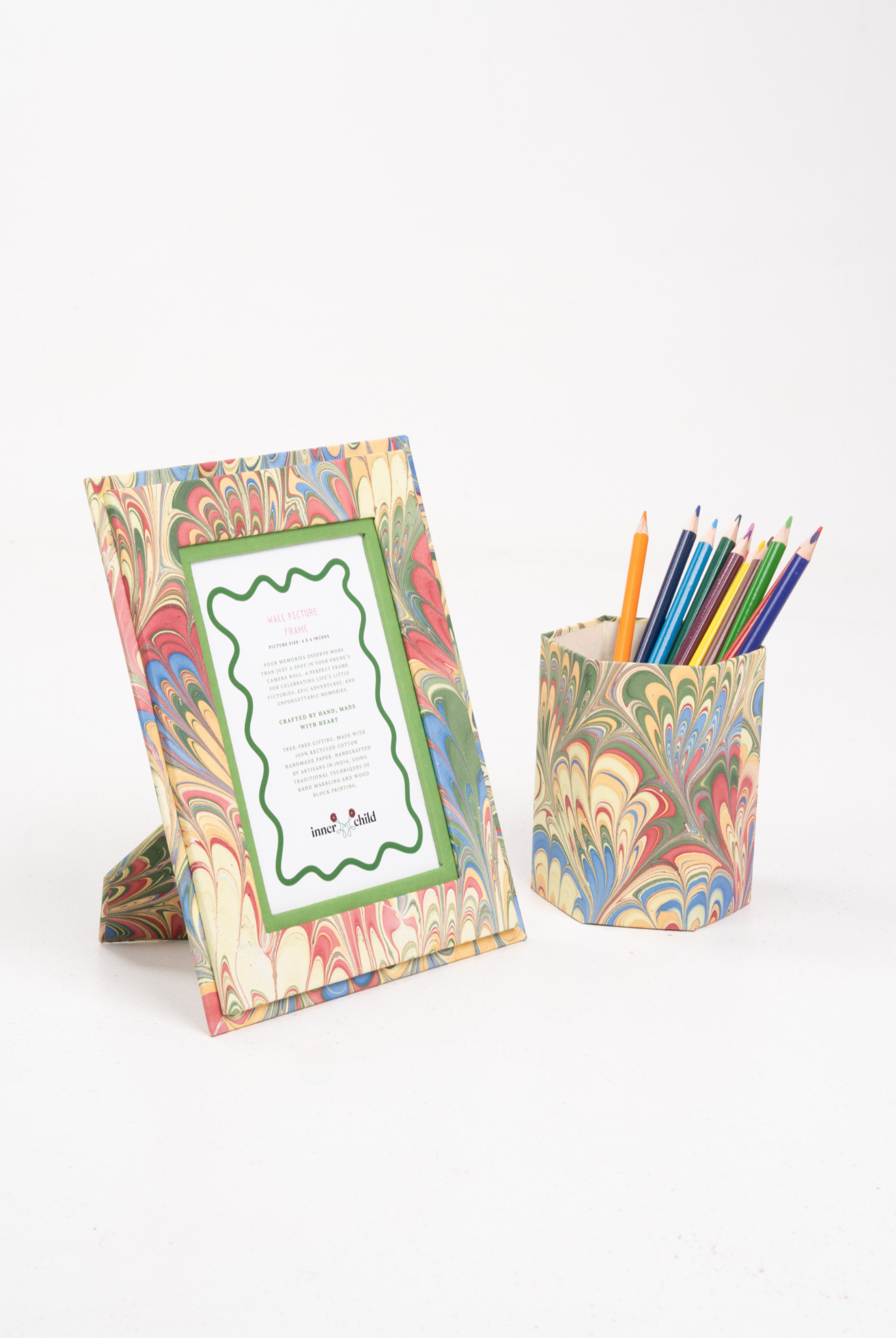 Hand-marbled pencil holder and frame set in multicolor marbling with colored pencils