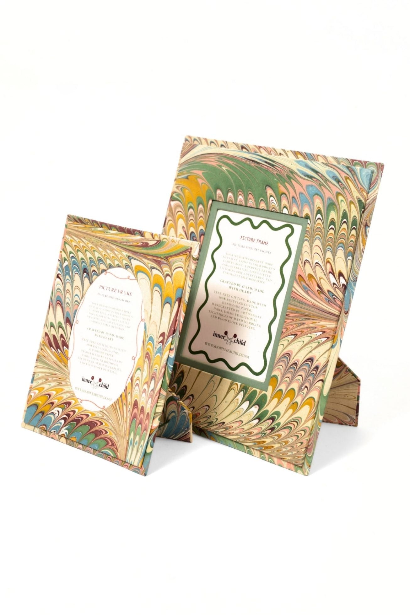 Hand-marbled picture frame with flatiron feather pattern in green, yellow, pink, and blue, featuring an oval opening for 4x6 photos.