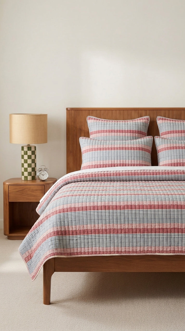 Bedroom with wooden bed, striped bedding, and nightstand with lamp.