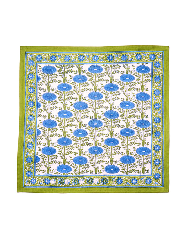 Blue araminta blockprint napkin with green border and floral pattern