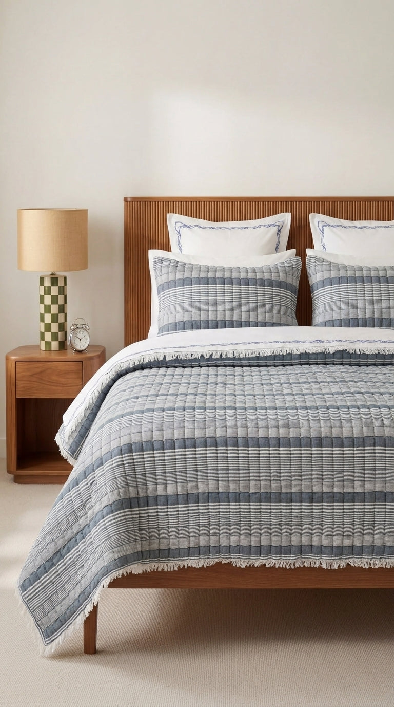 Bedroom with wooden bed, checkered blue and white duvet, and lamp on nightstand.