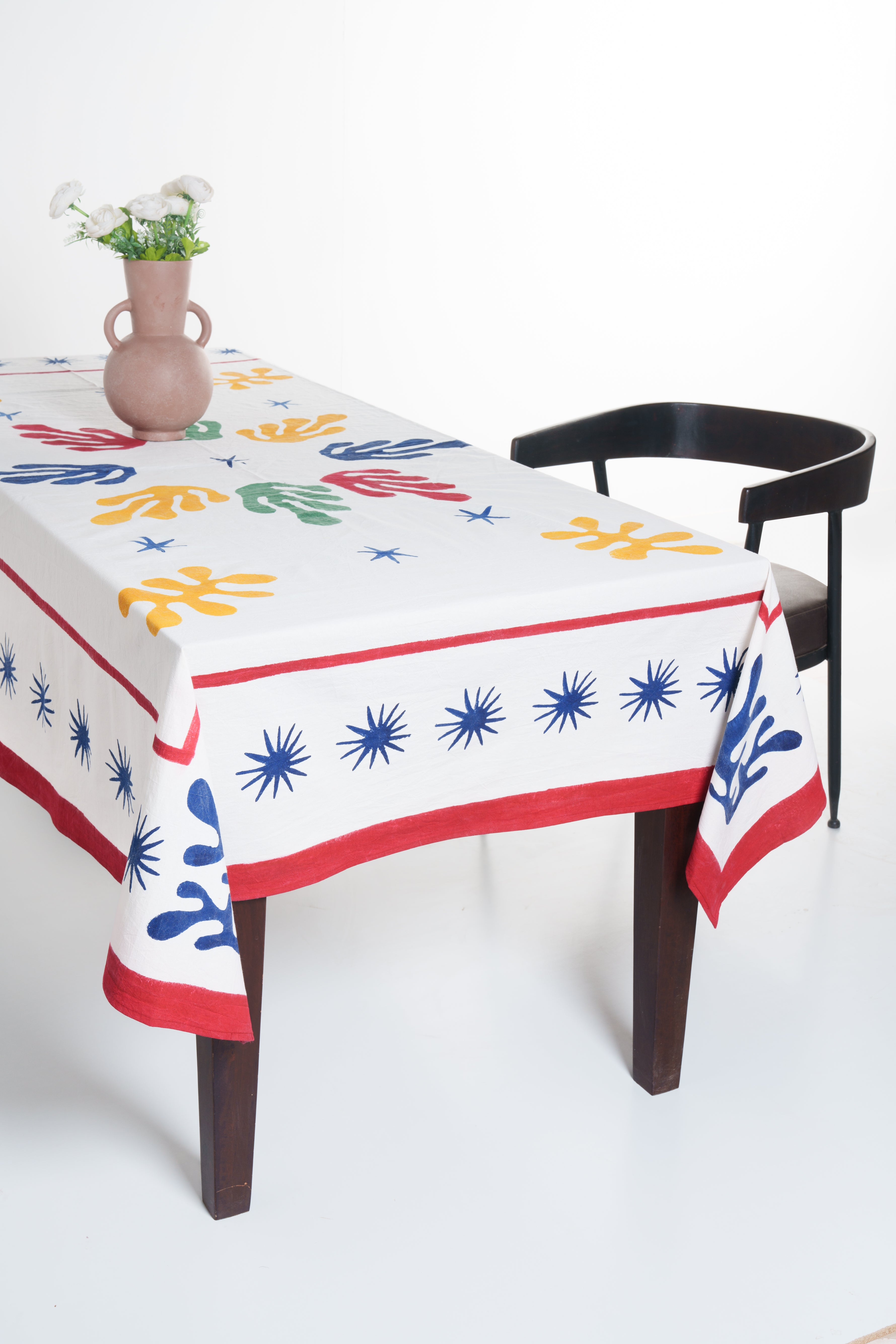 Inner Child Celestial Matisse Blockprint tablecloth with colorful abstract shapes