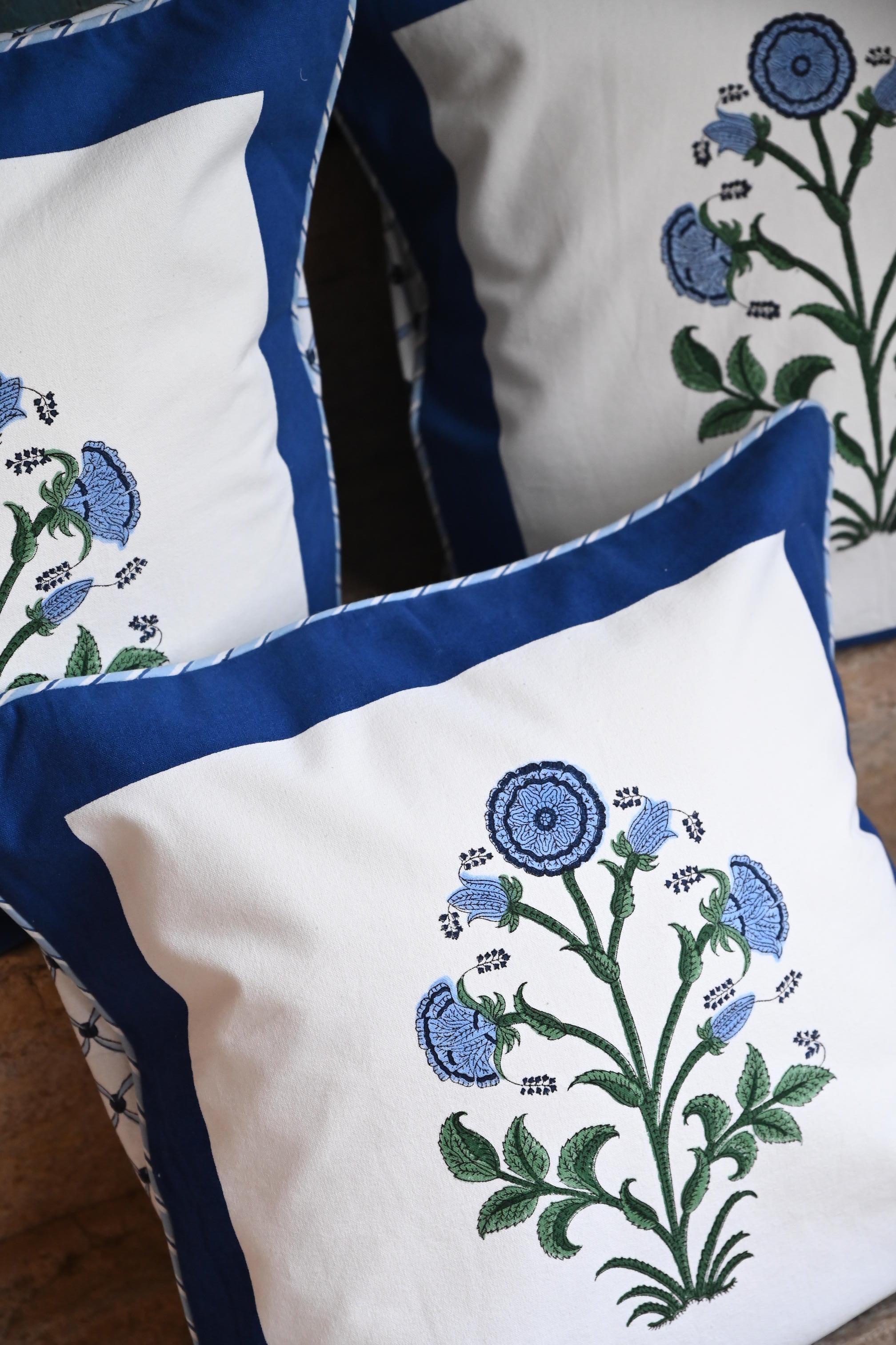 Group of cobalt botanical blockprint pillows
