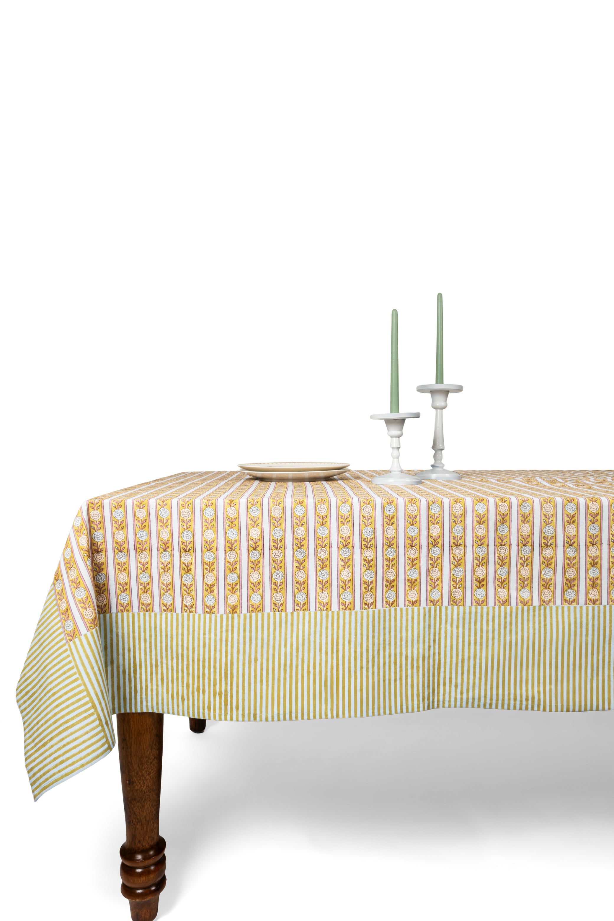 Vintage Floral Stripe Blockprint Tablecloth