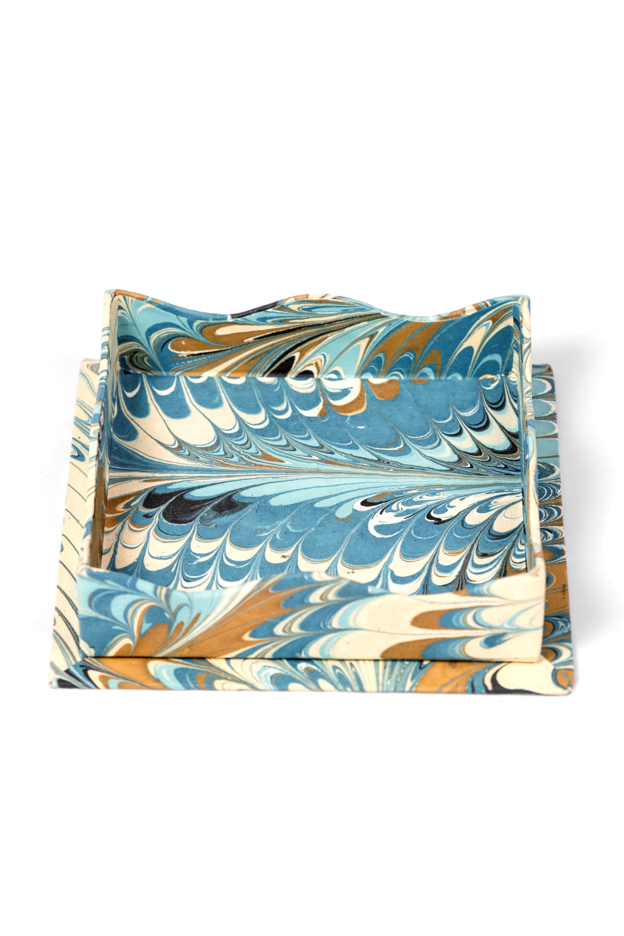 Inner Child trinket cocktail napkin tray with blue/gold marbled Nila Feathers design