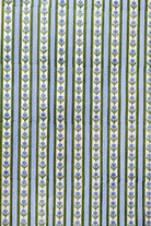 Close-up view of blue blockprint cottage garden wrapping paper pattern