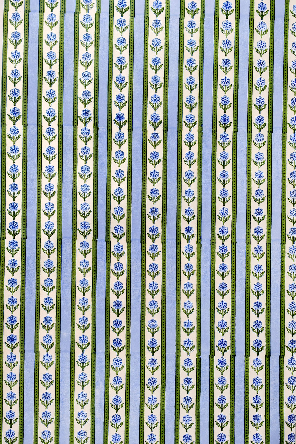 Close-up view of blue blockprint cottage garden wrapping paper pattern